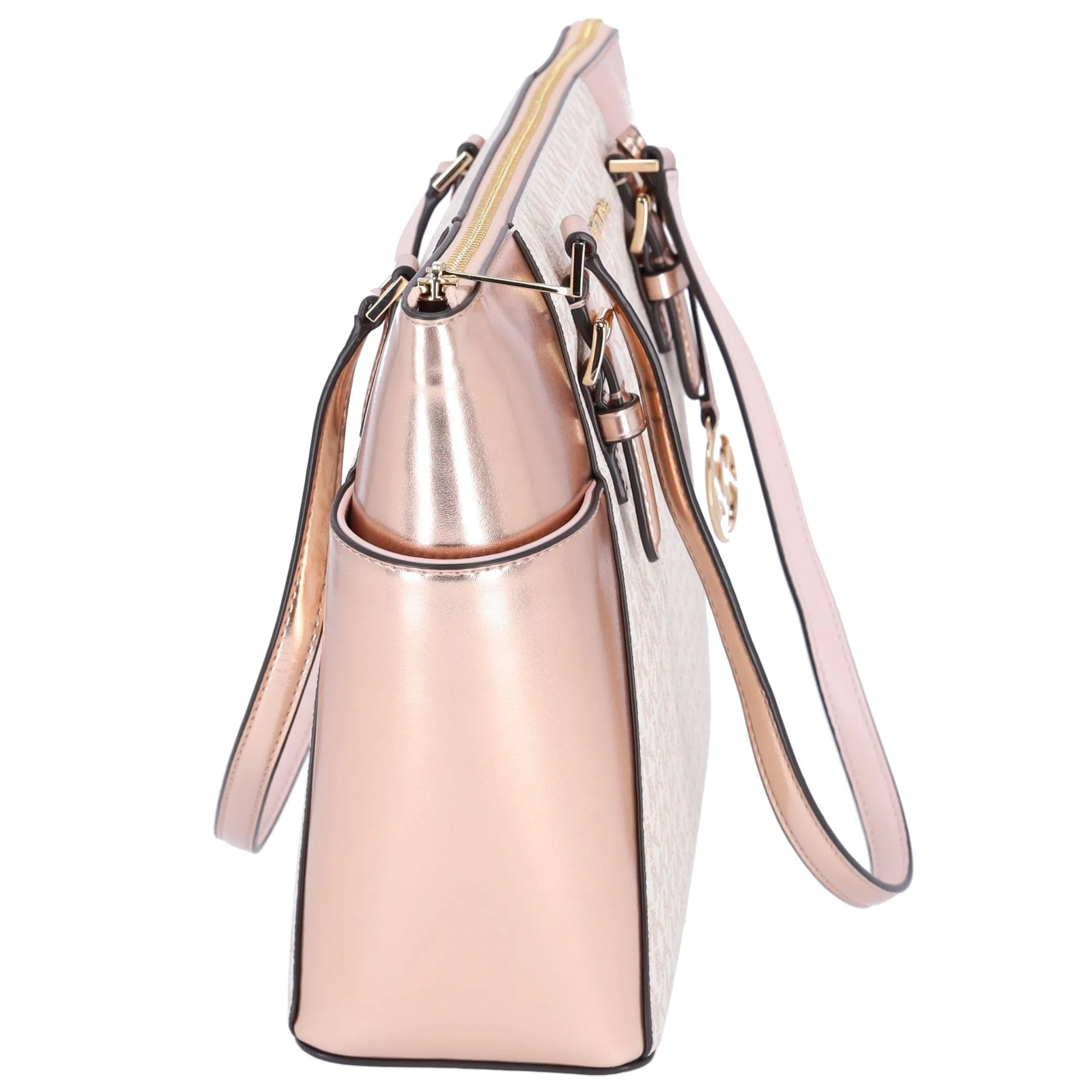 Michael Kors Charlotte Large Signature Logo Metallic Top Zip Tote Bag Rose Gold