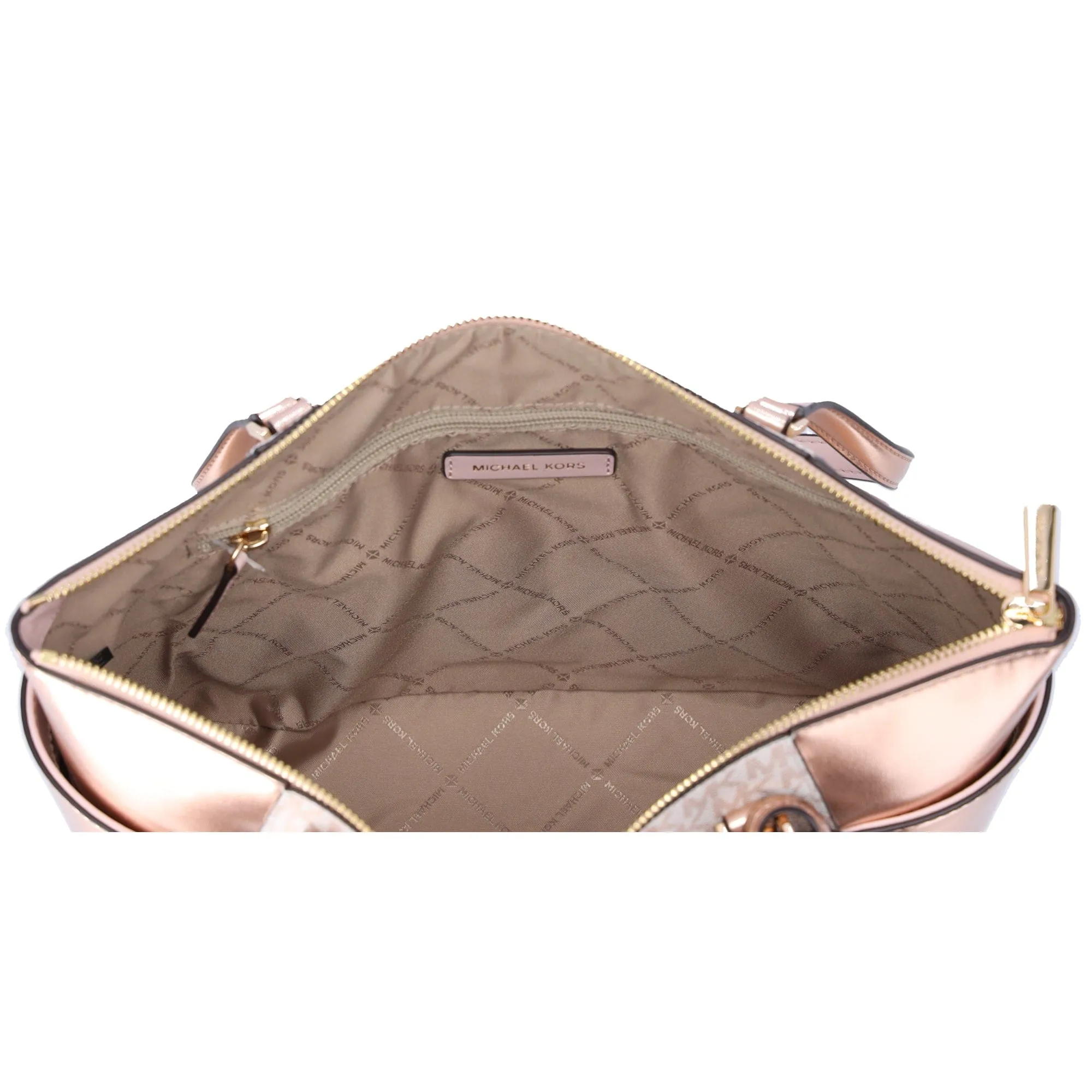 Michael Kors Charlotte Large Signature Logo Metallic Top Zip Tote Bag Rose Gold