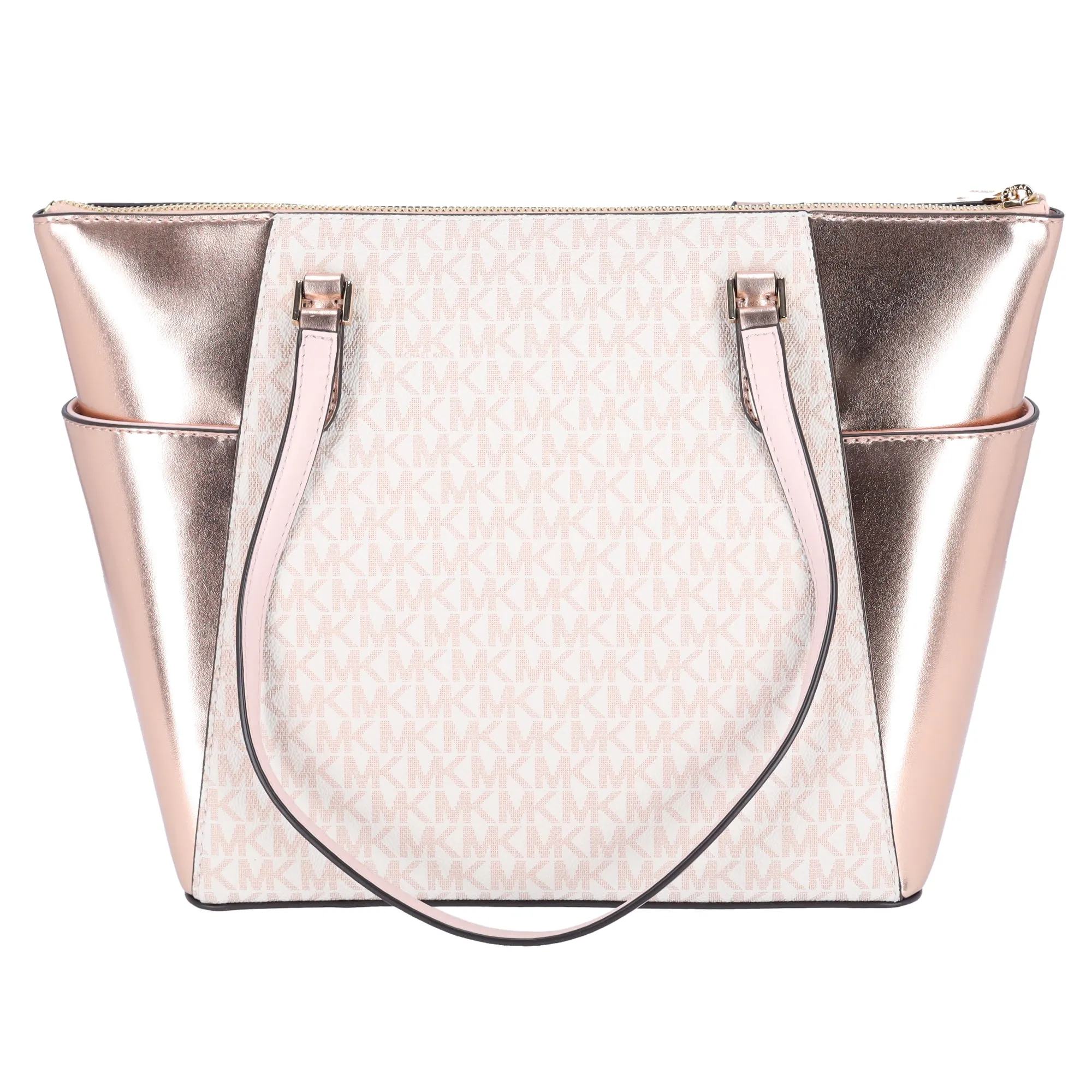 Michael Kors Charlotte Large Signature Logo Metallic Top Zip Tote Bag Rose Gold