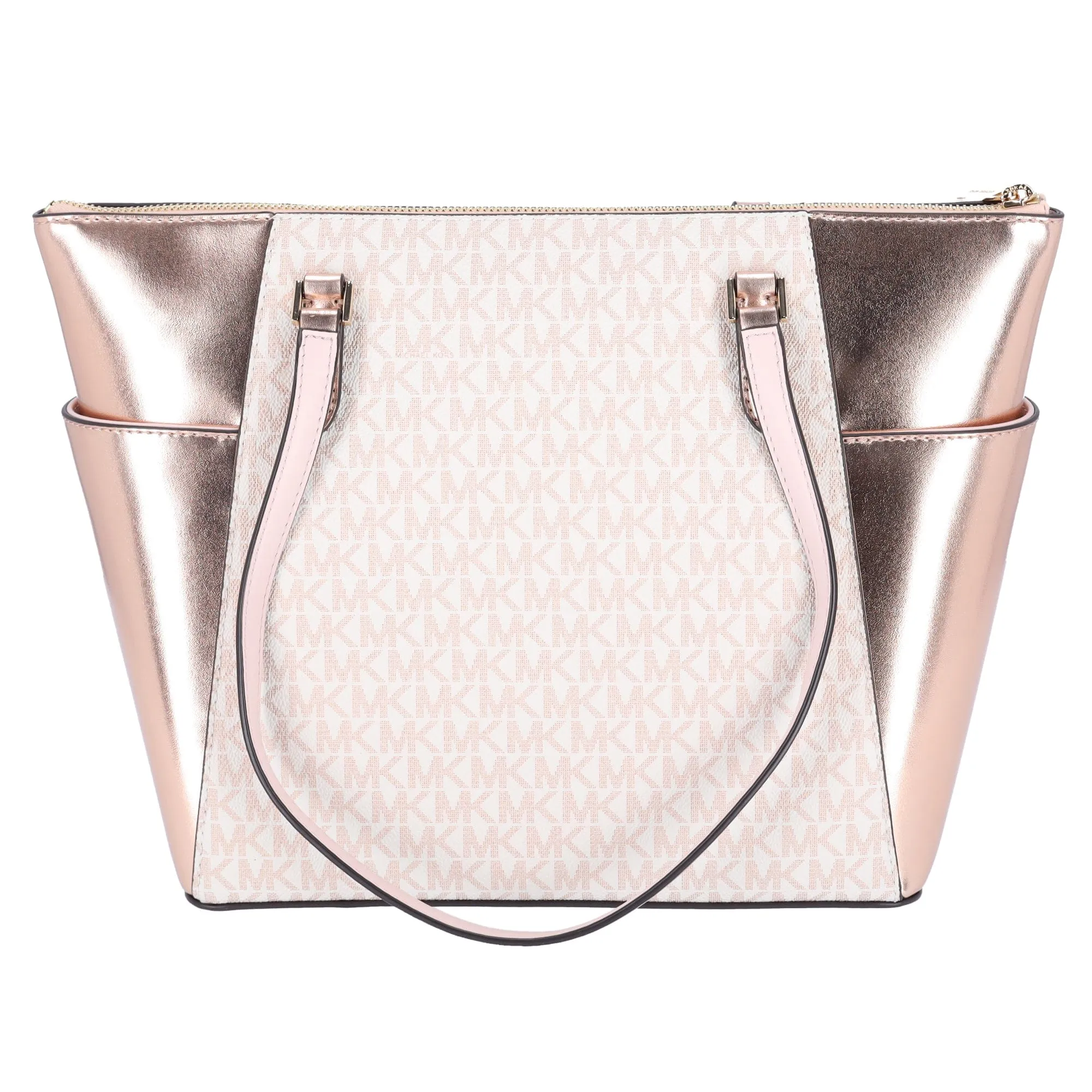 Michael Kors Charlotte Large Signature Logo Metallic Top Zip Tote Bag Rose Gold