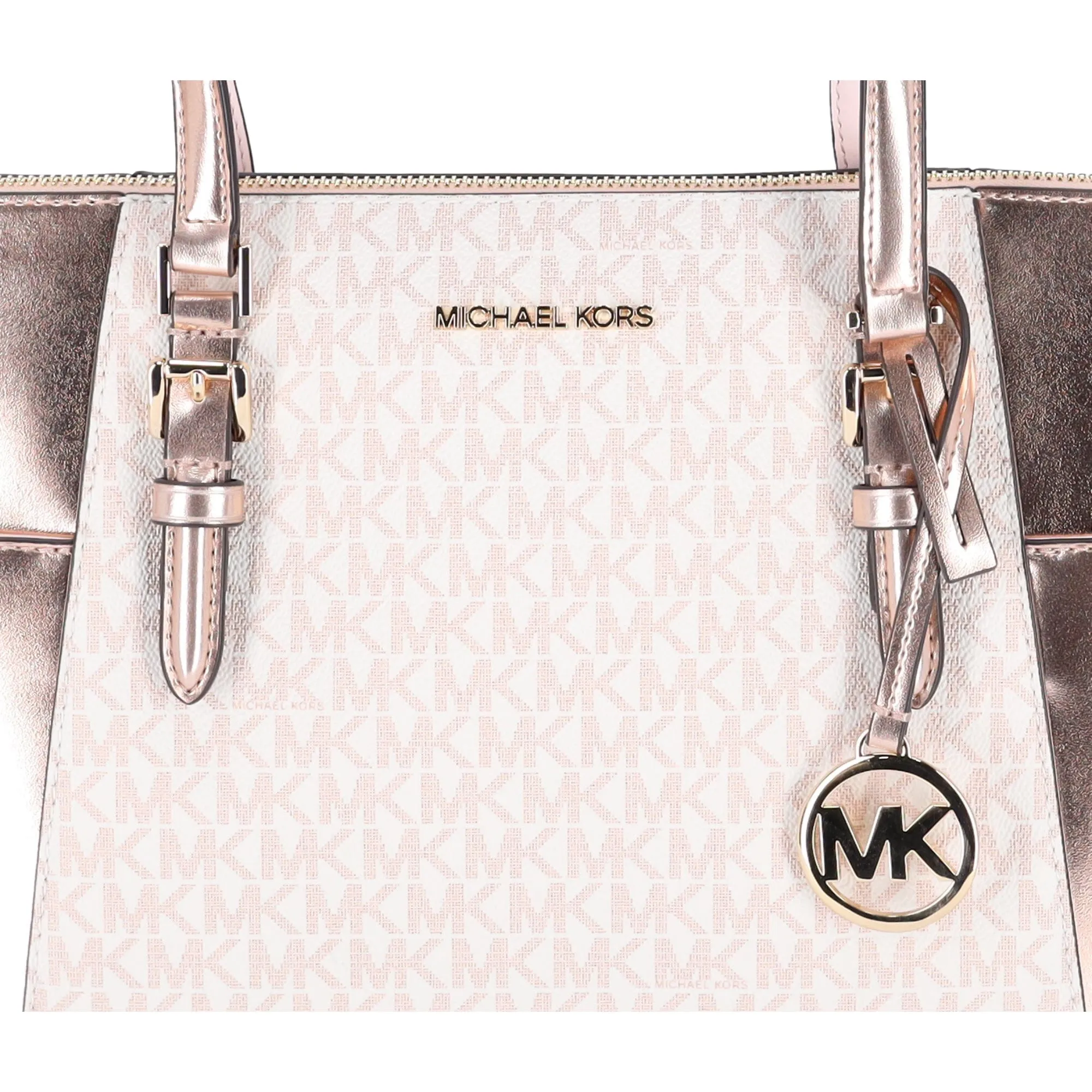 Michael Kors Charlotte Large Signature Logo Metallic Top Zip Tote Bag Rose Gold