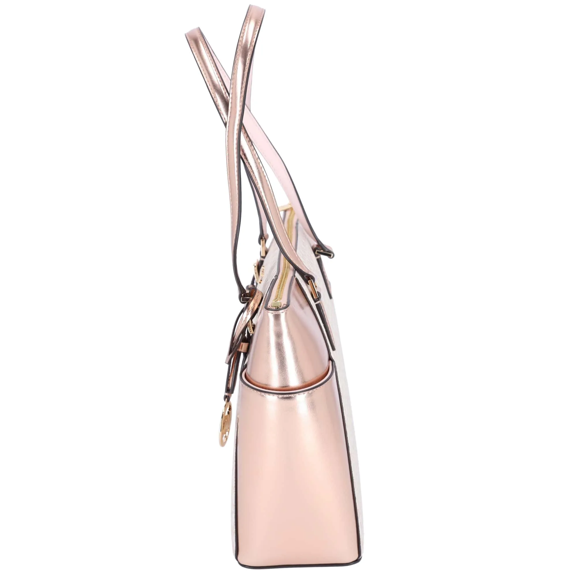 Michael Kors Charlotte Large Signature Logo Metallic Top Zip Tote Bag Rose Gold