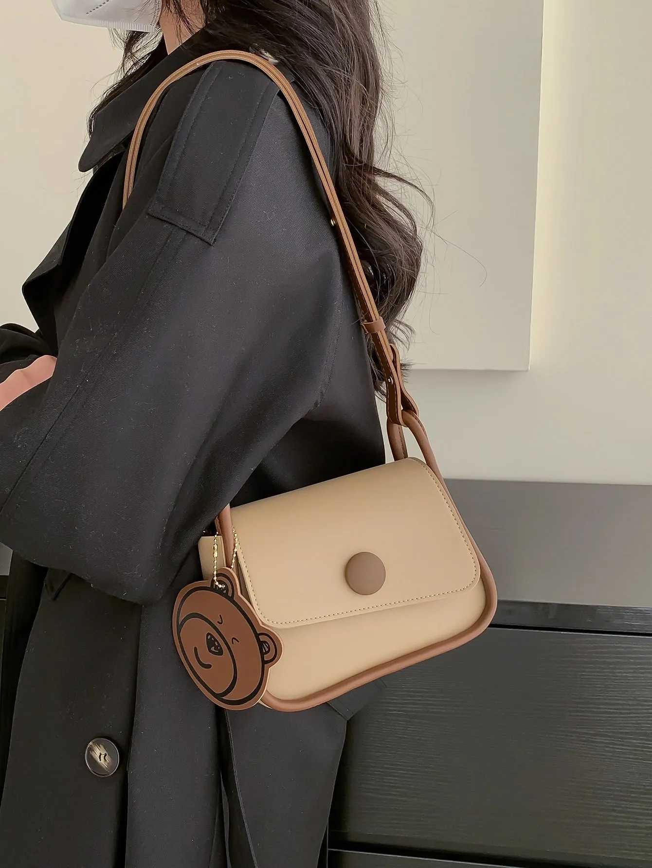 Mini Button Decor Flap Square Bag With Bag Charm - Multicolor
