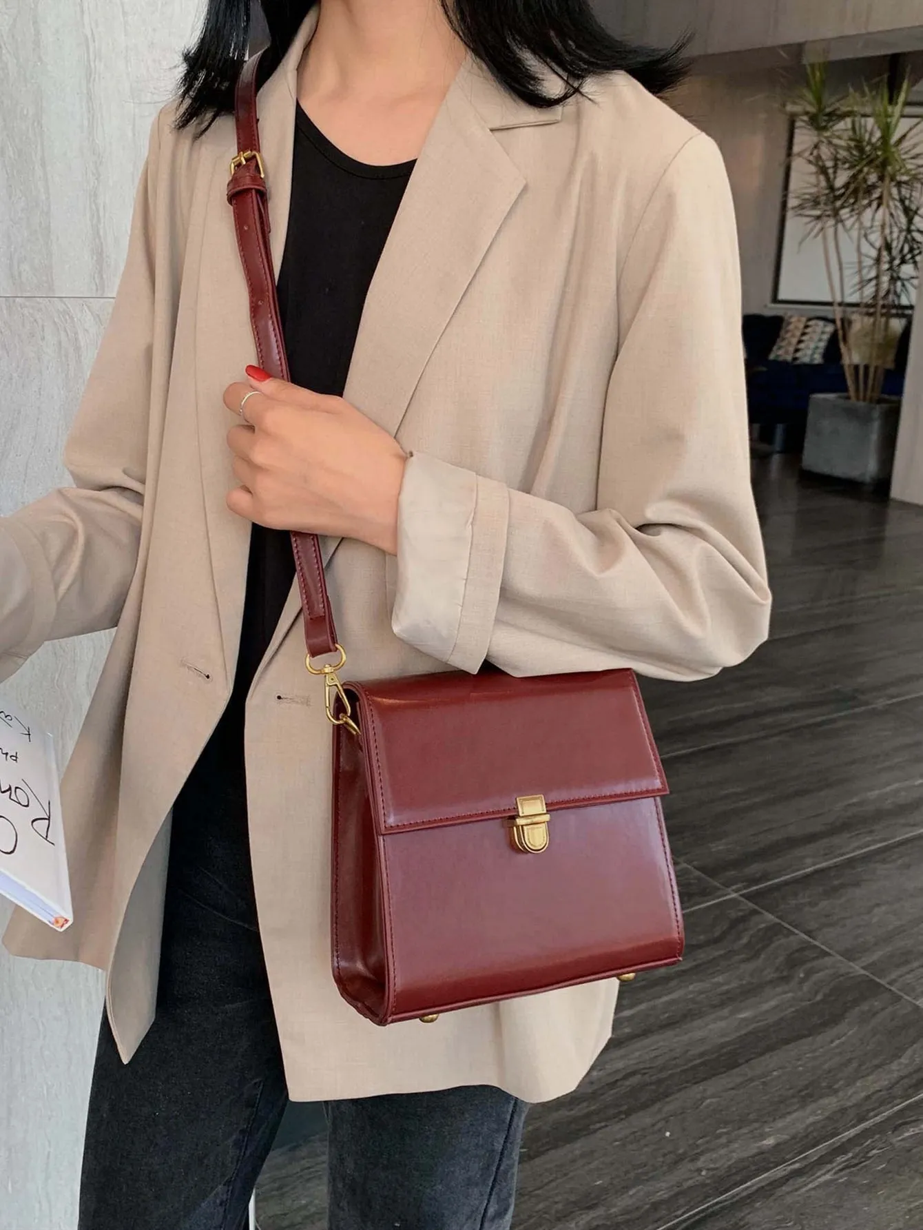 Mini Push Button Flap Square Bag Solid Color Leather Crossbody Bags