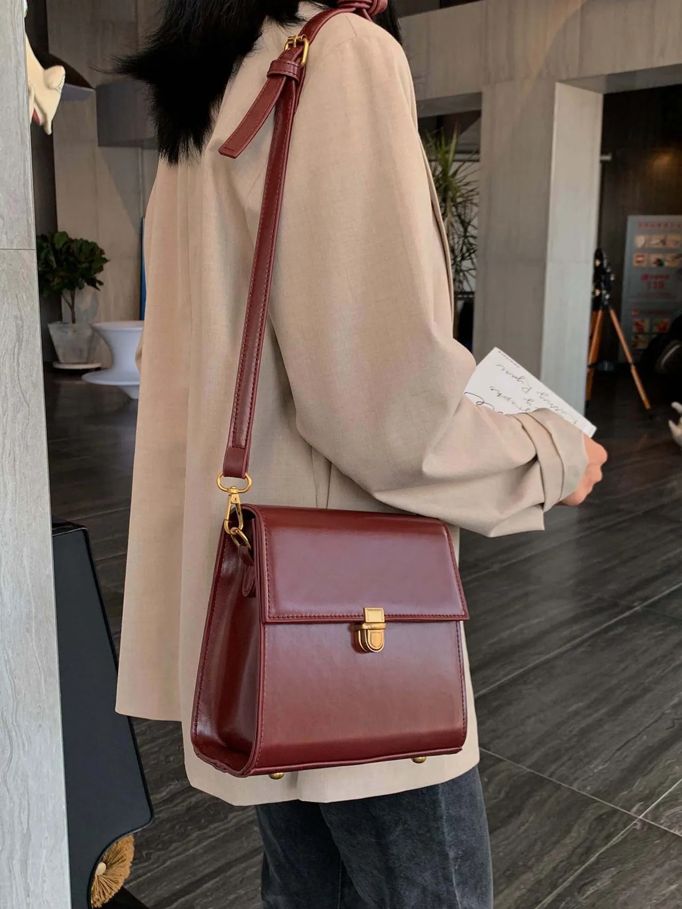 Mini Push Button Flap Square Bag Solid Color Leather Crossbody Bags