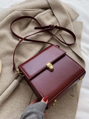 Mini Push Button Flap Square Bag Solid Color Leather Crossbody Bags