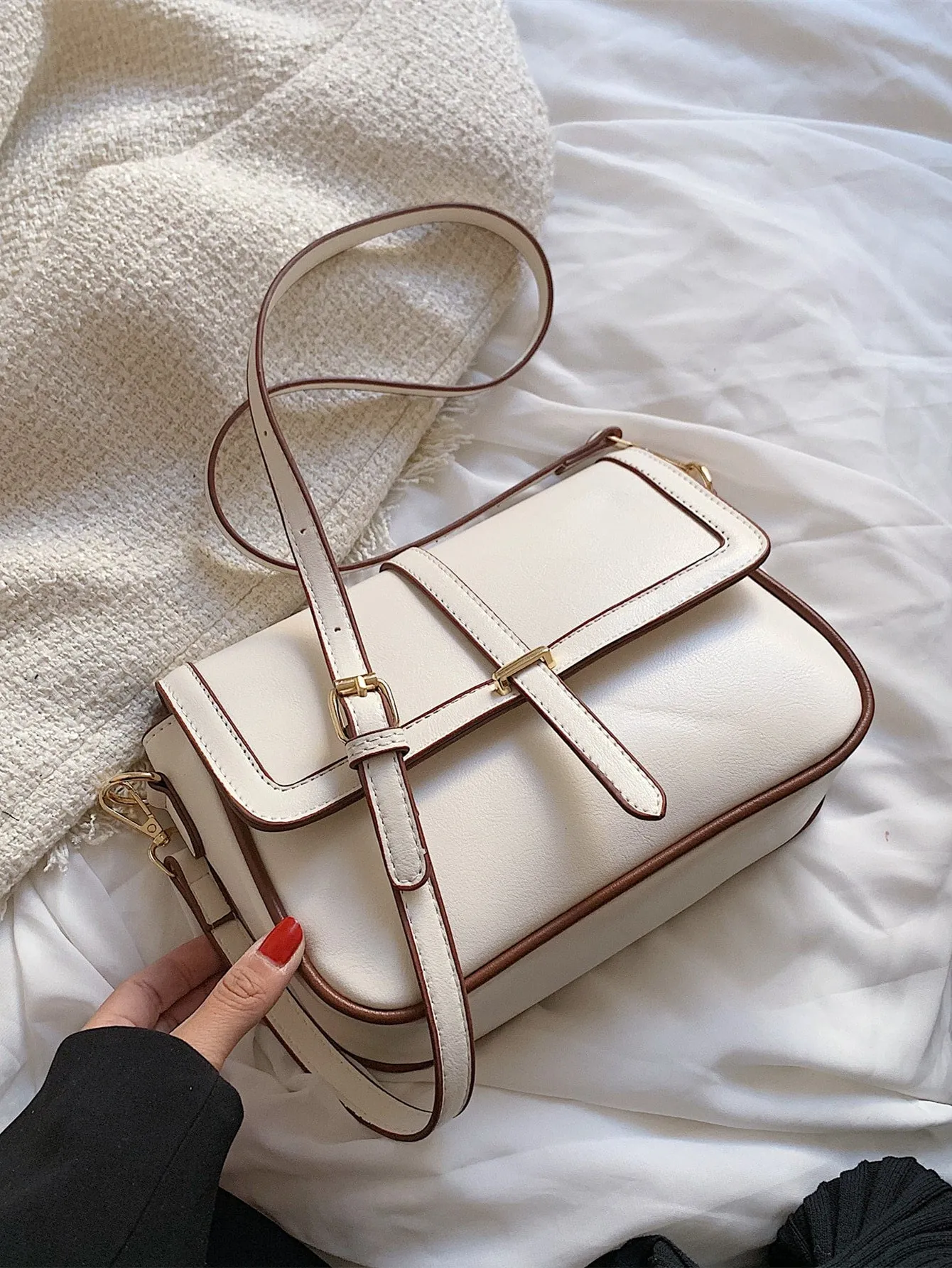 Minimalist Metal Decor Flap Square Bag - White