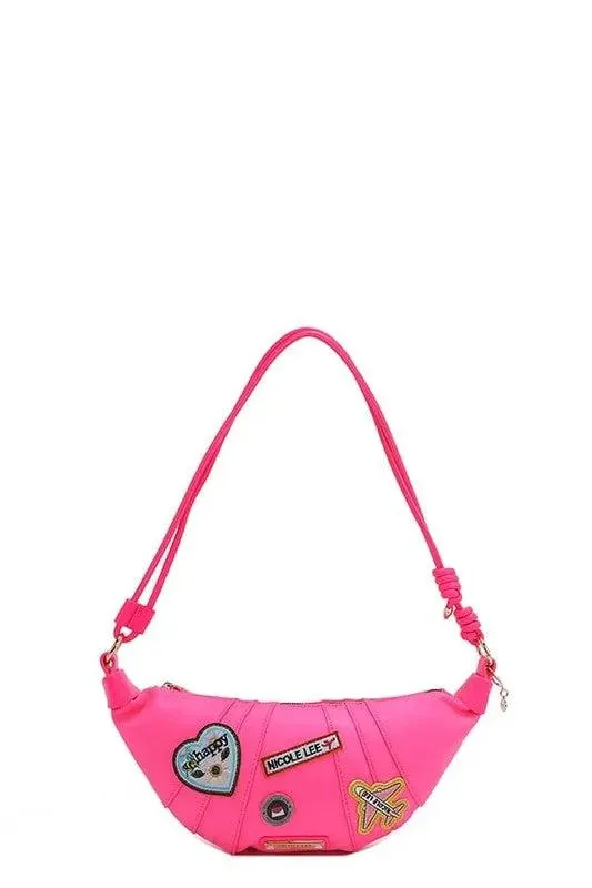 Nicole Lee USA Patch Croissant Bag - Small Vegan Leather Shoulder Bag with Travel-Inspired Embroidered Patches