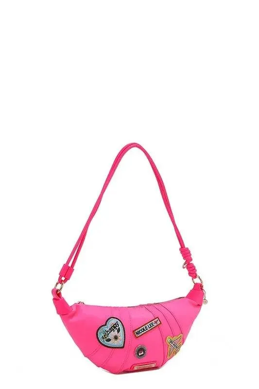Nicole Lee USA Patch Croissant Bag - Small Vegan Leather Shoulder Bag with Travel-Inspired Embroidered Patches