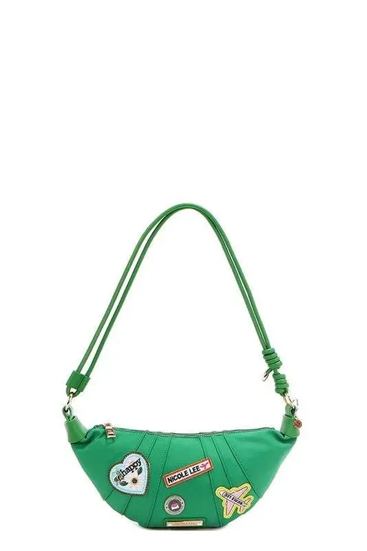 Nicole Lee USA Patch Croissant Bag - Small Vegan Leather Shoulder Bag with Travel-Inspired Embroidered Patches