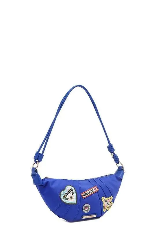 Nicole Lee USA Patch Croissant Bag - Small Vegan Leather Shoulder Bag with Travel-Inspired Embroidered Patches