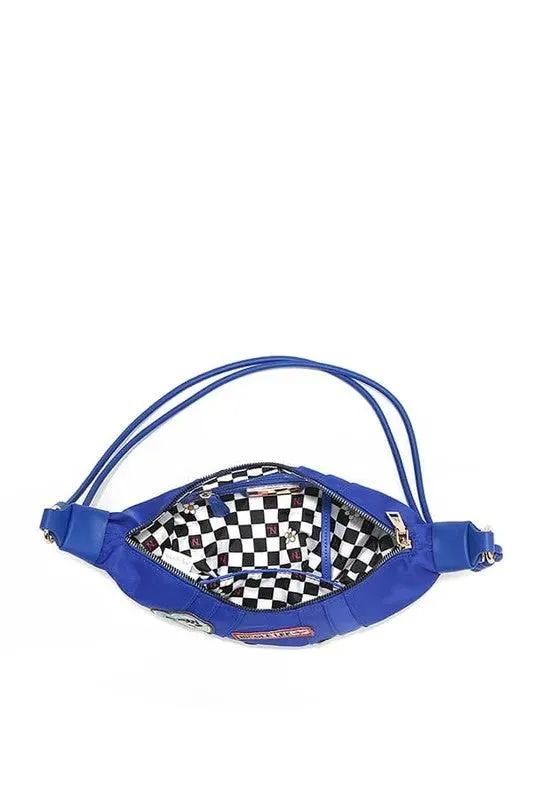 Nicole Lee USA Patch Croissant Bag - Small Vegan Leather Shoulder Bag with Travel-Inspired Embroidered Patches