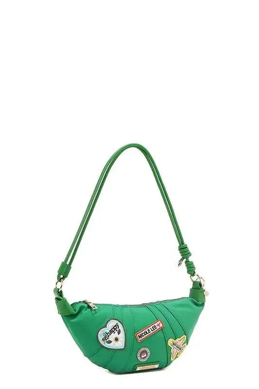 Nicole Lee USA Patch Croissant Bag - Small Vegan Leather Shoulder Bag with Travel-Inspired Embroidered Patches