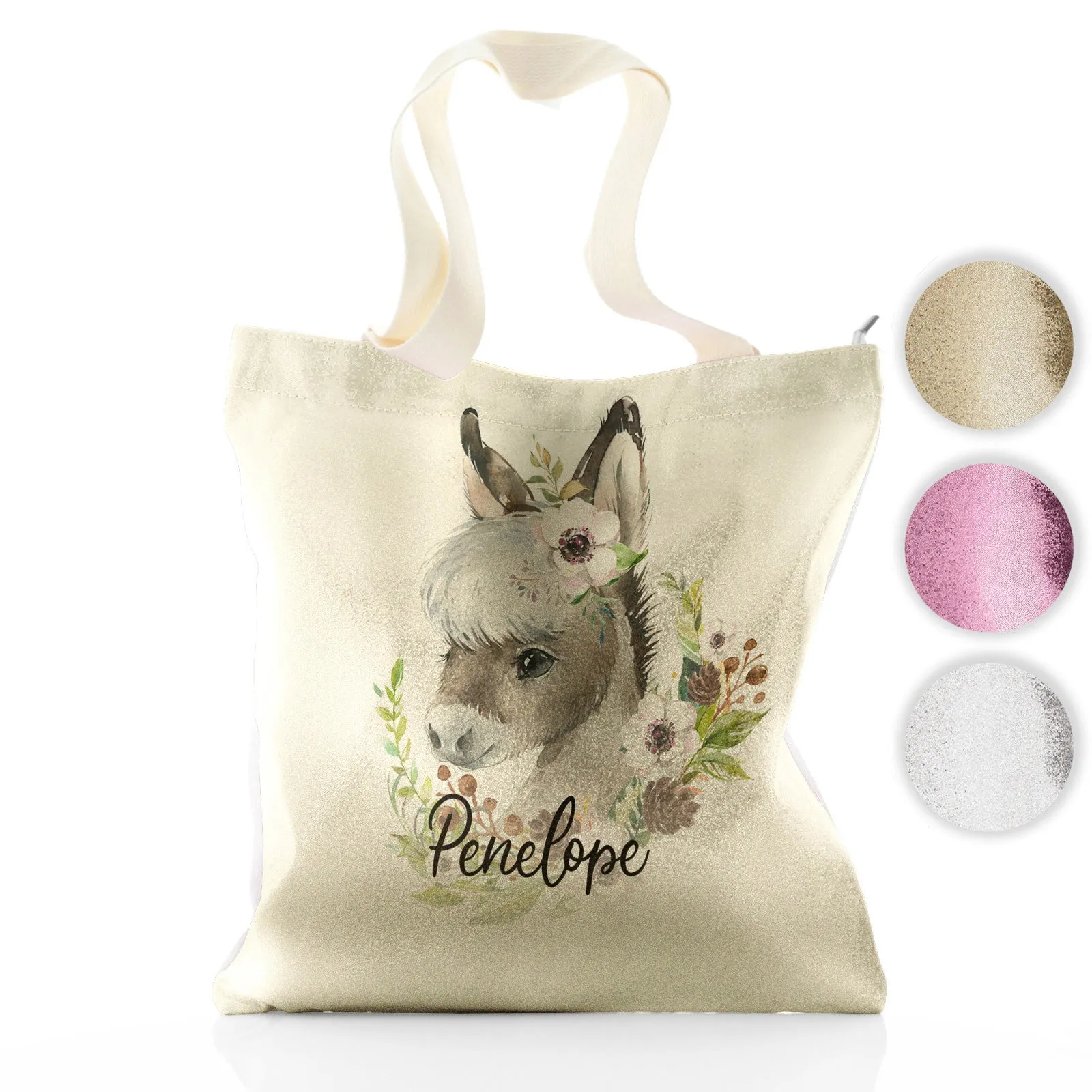 Personalised Glitter Tote Bag with Grey Donkey Pink and White Flowers and Cute Text