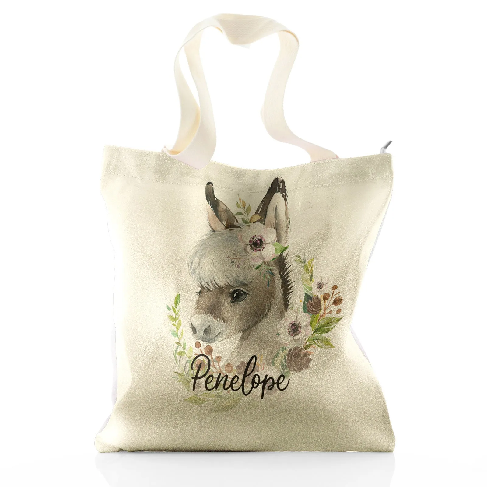 Personalised Glitter Tote Bag with Grey Donkey Pink and White Flowers and Cute Text