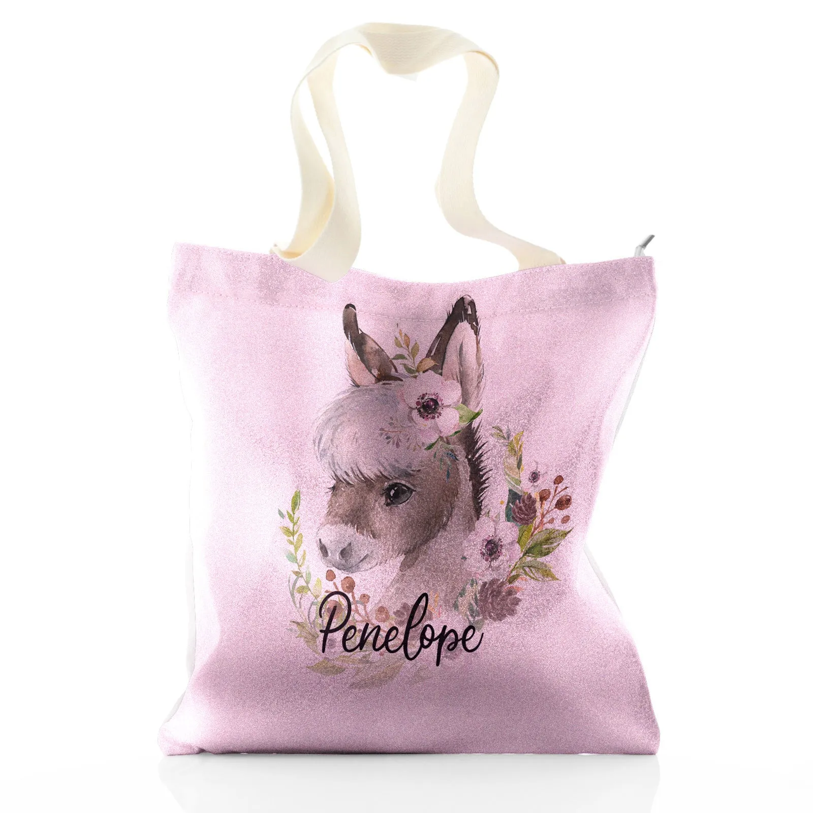 Personalised Glitter Tote Bag with Grey Donkey Pink and White Flowers and Cute Text