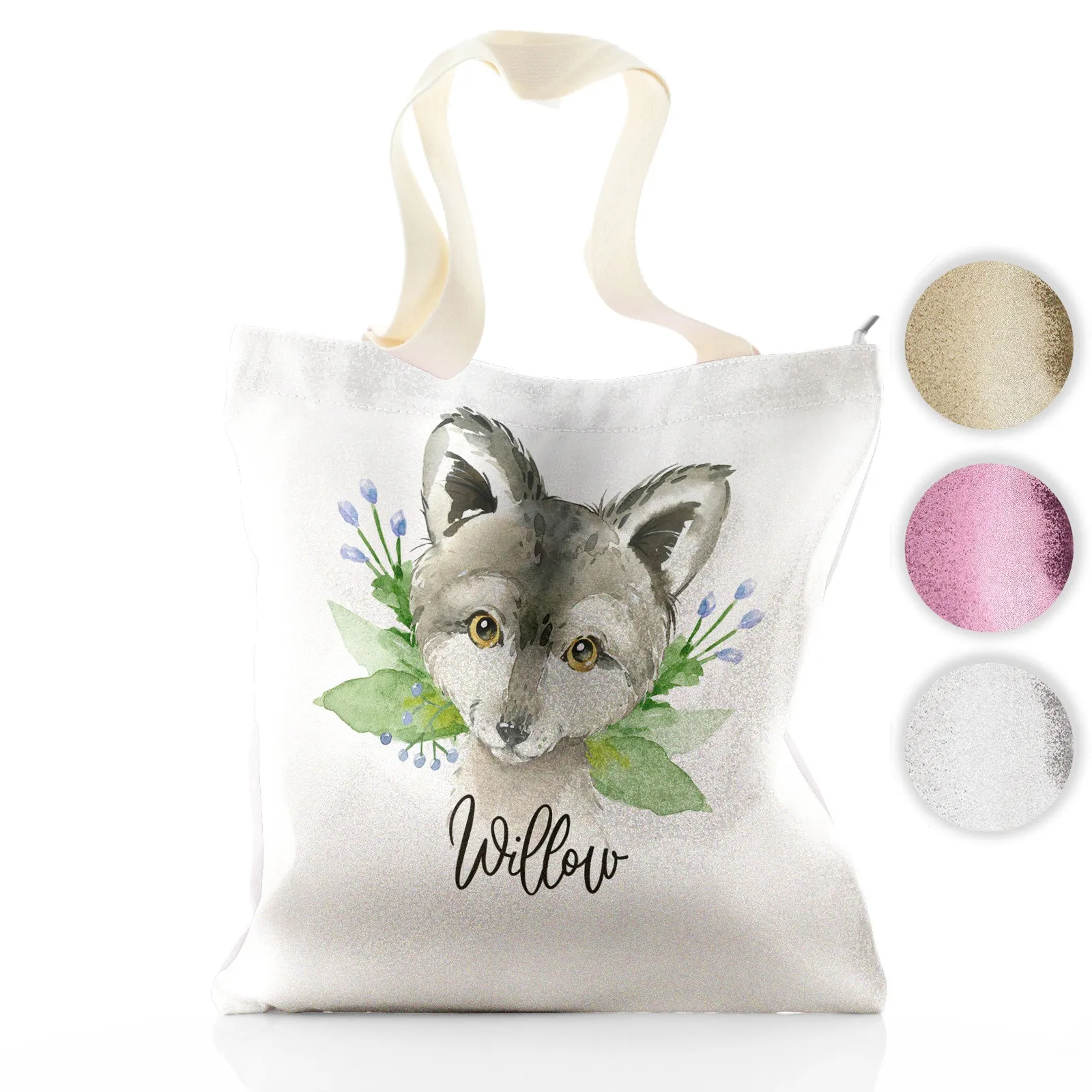 Personalised Glitter Tote Bag with Grey Wolf Blue Flowers and Cute Text