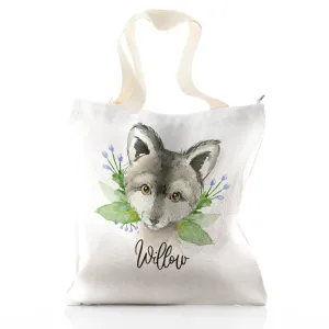 Personalised Glitter Tote Bag with Grey Wolf Blue Flowers and Cute Text