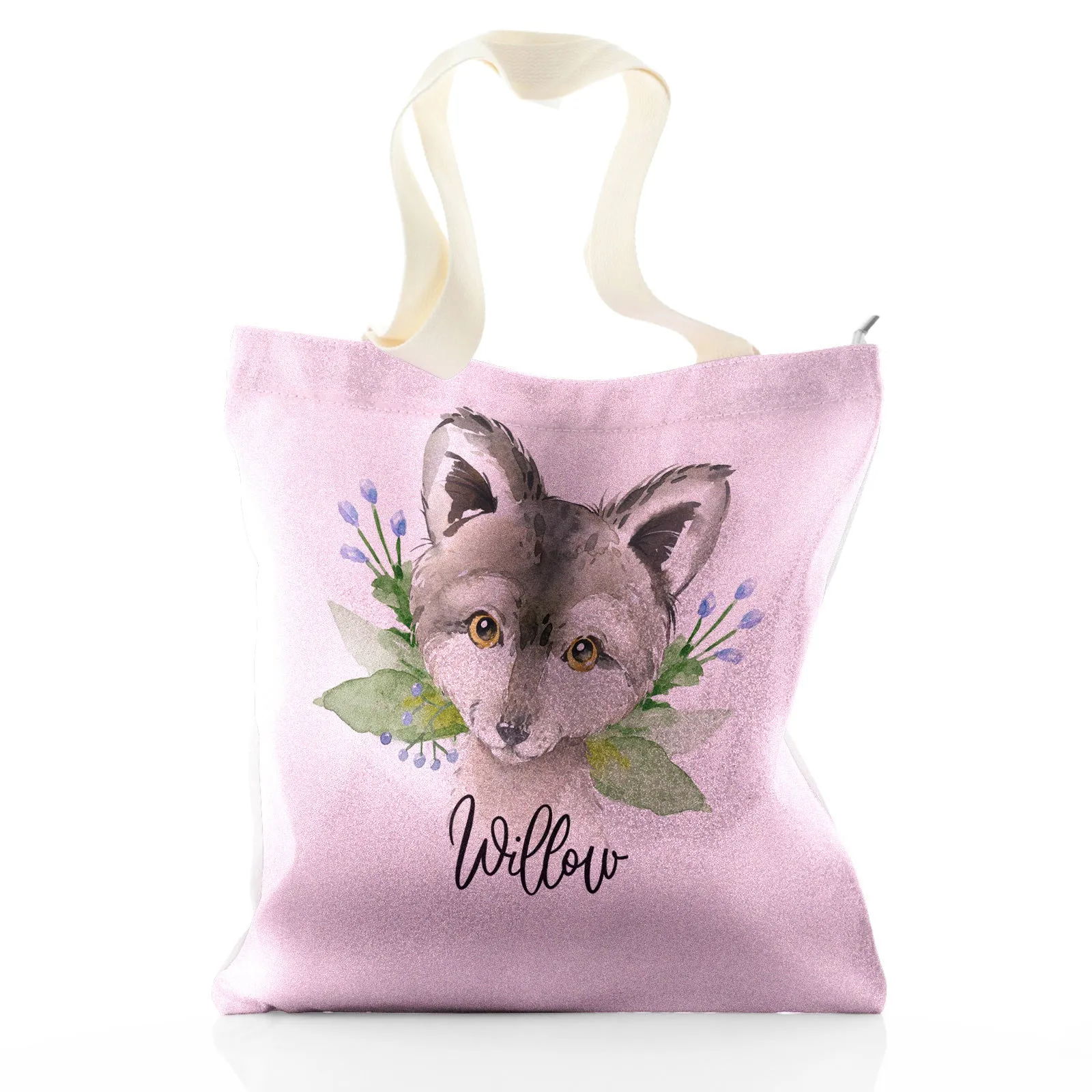 Personalised Glitter Tote Bag with Grey Wolf Blue Flowers and Cute Text
