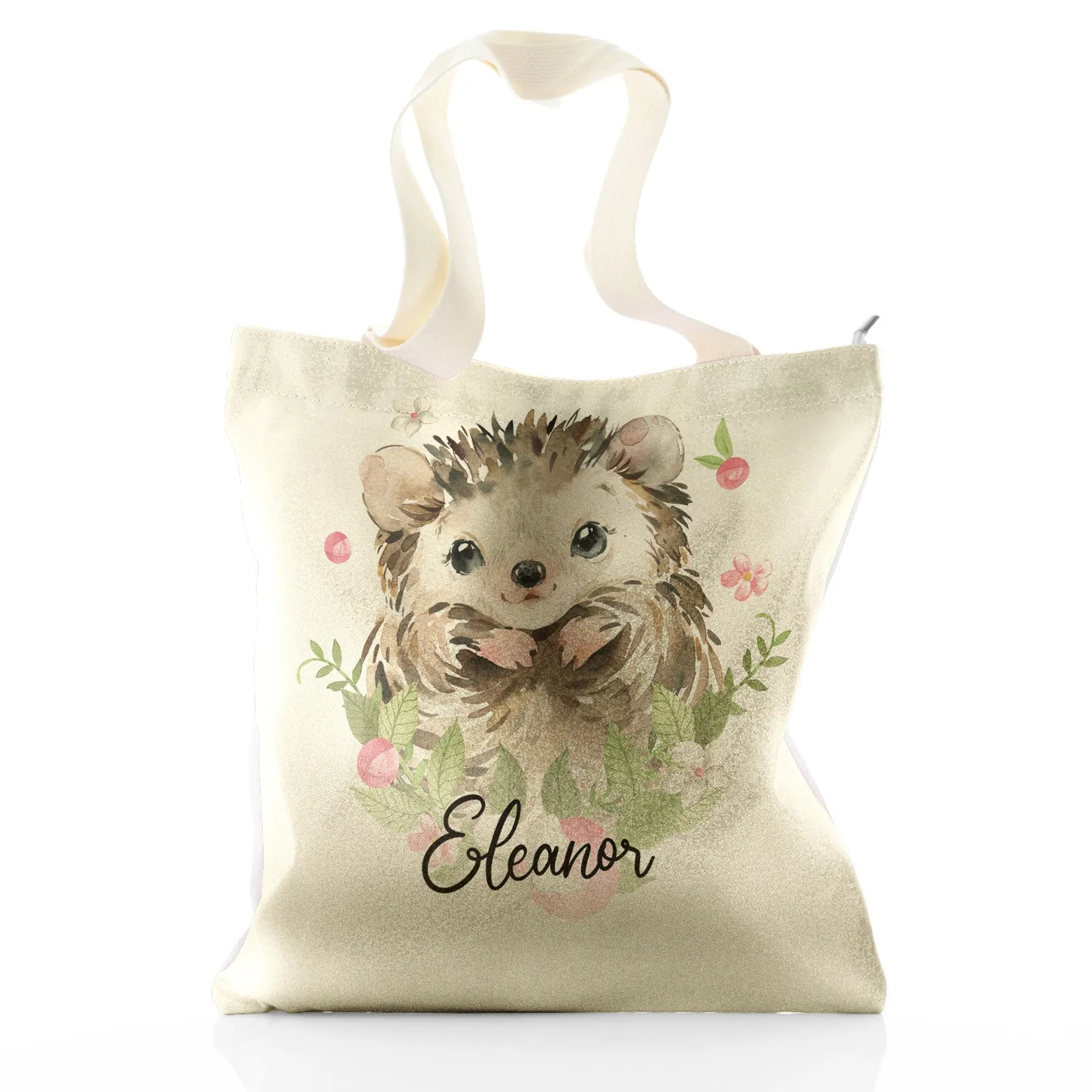 Personalised Glitter Tote Bag with Hedgehog Pink Flowers and Cute Text