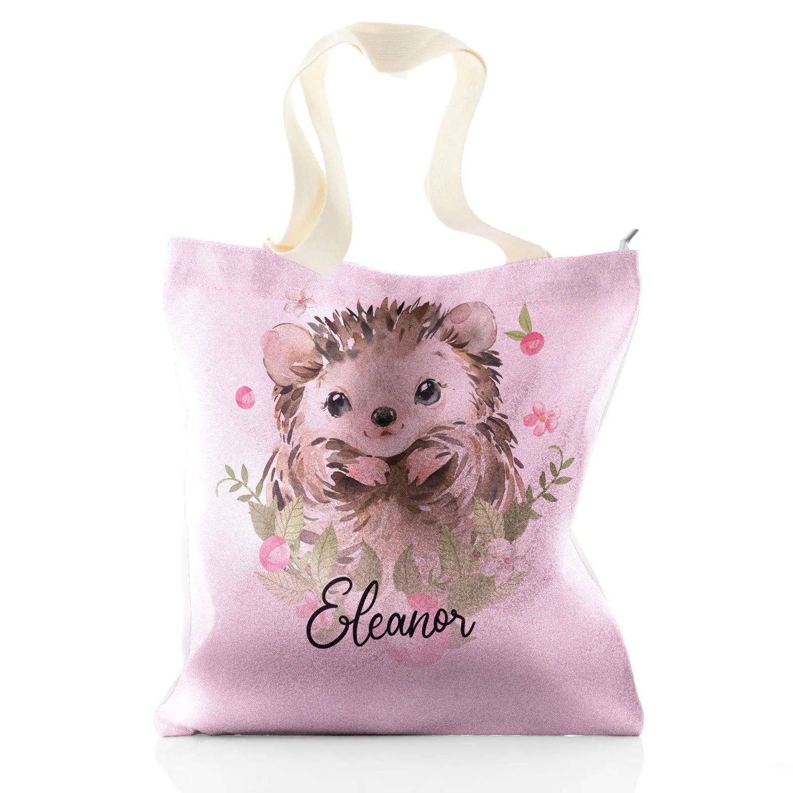 Personalised Glitter Tote Bag with Hedgehog Pink Flowers and Cute Text