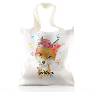Personalised Glitter Tote Bag with Red Fox with Hearts Dandelion Butterflies and Cute Text