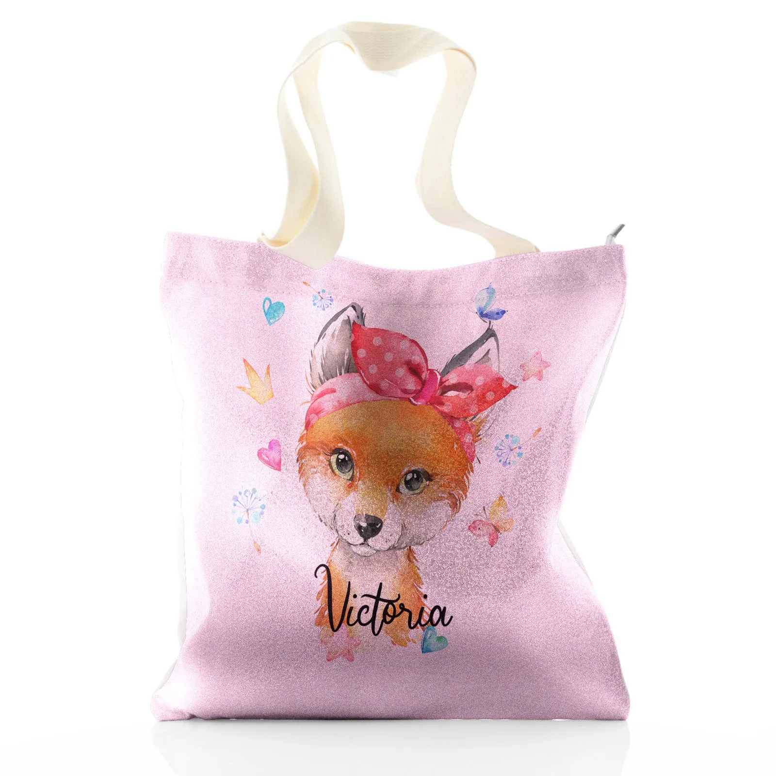 Personalised Glitter Tote Bag with Red Fox with Hearts Dandelion Butterflies and Cute Text