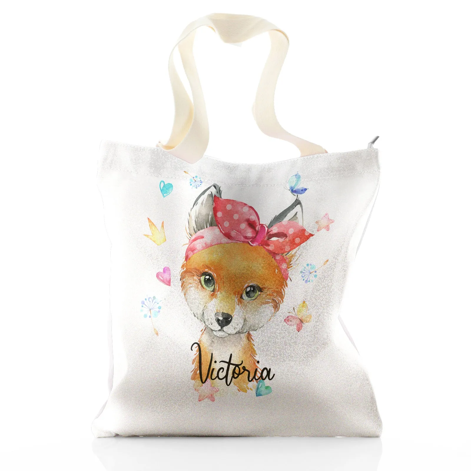 Personalised Glitter Tote Bag with Red Fox with Hearts Dandelion Butterflies and Cute Text