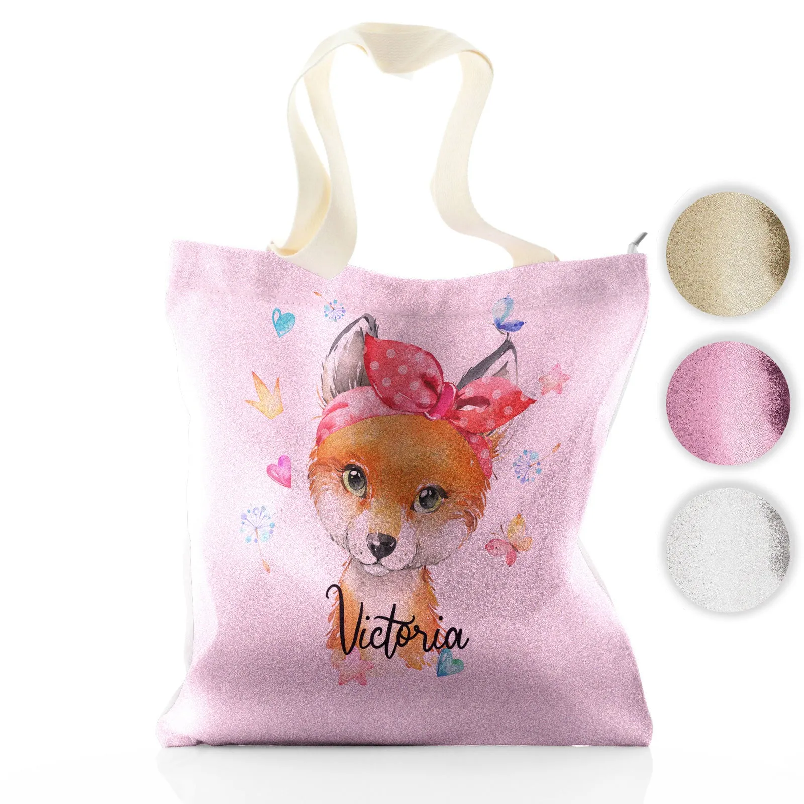 Personalised Glitter Tote Bag with Red Fox with Hearts Dandelion Butterflies and Cute Text