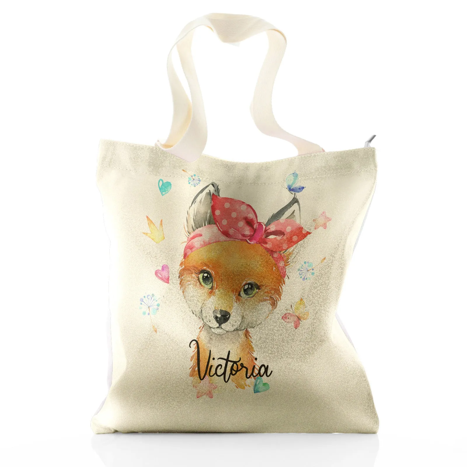 Personalised Glitter Tote Bag with Red Fox with Hearts Dandelion Butterflies and Cute Text
