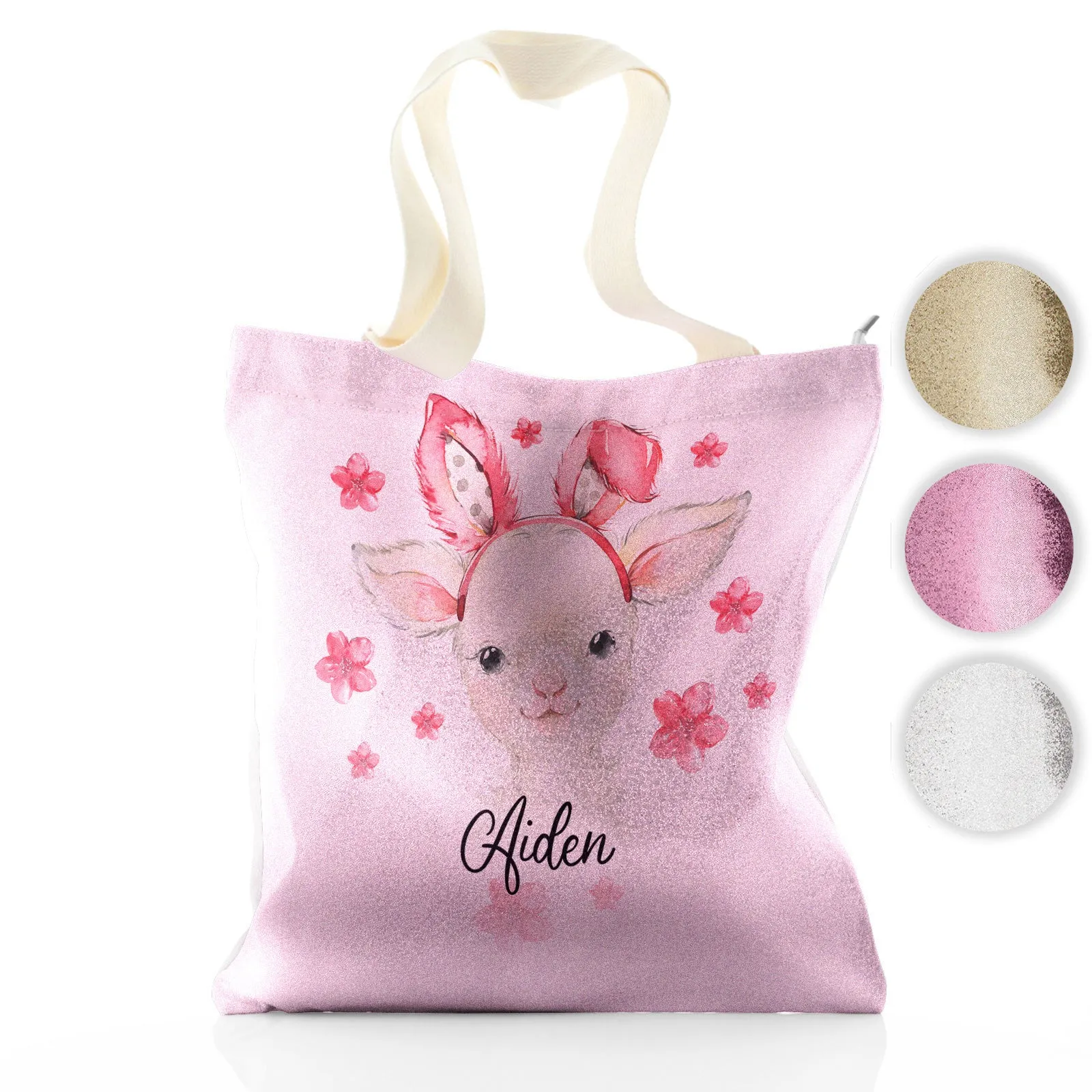 Personalised Glitter Tote Bag with White Lamb Pink Bunny Ears and Flowers and Cute Text