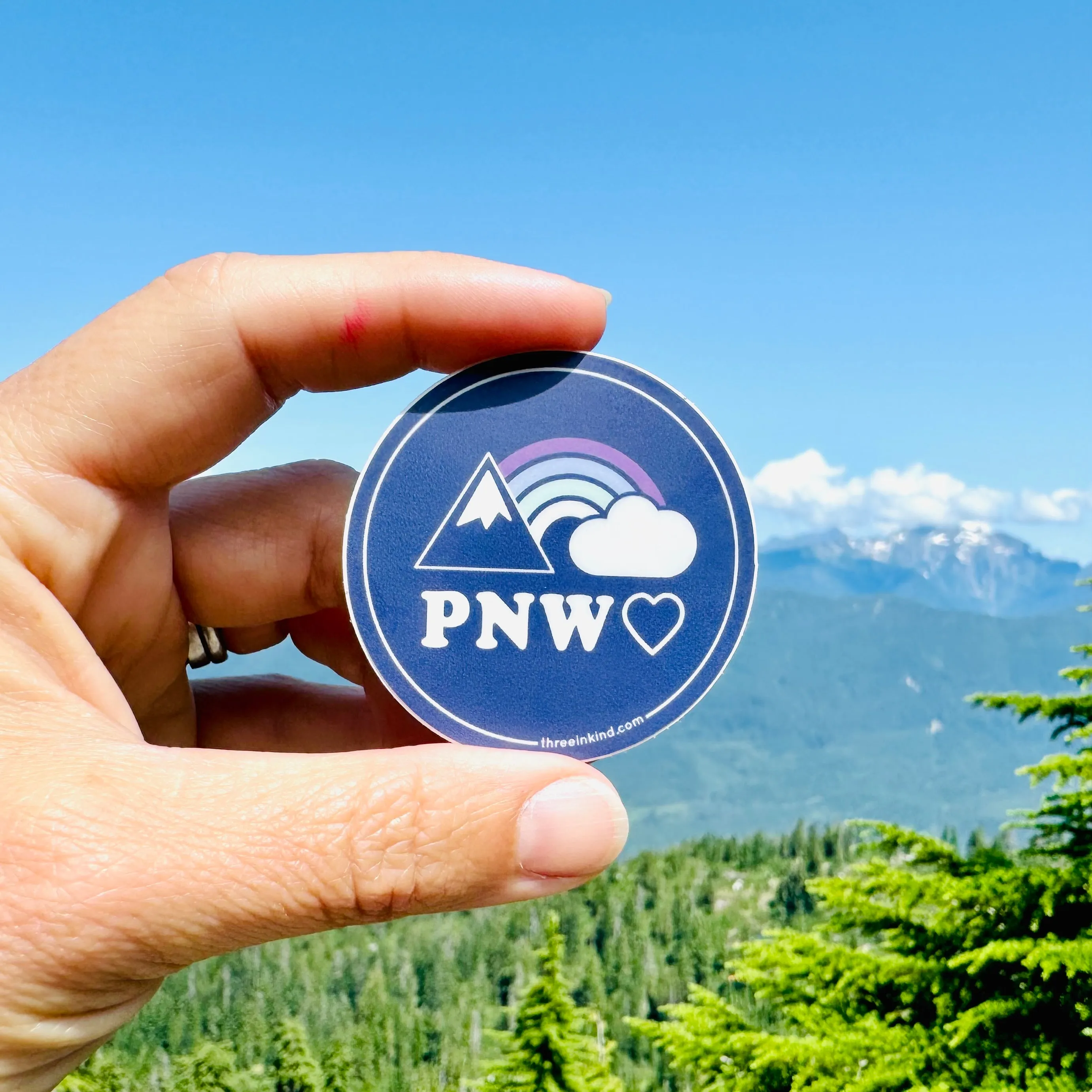 PNW Heart Rainbows   Mountains 2” Circle Sticker / Decal