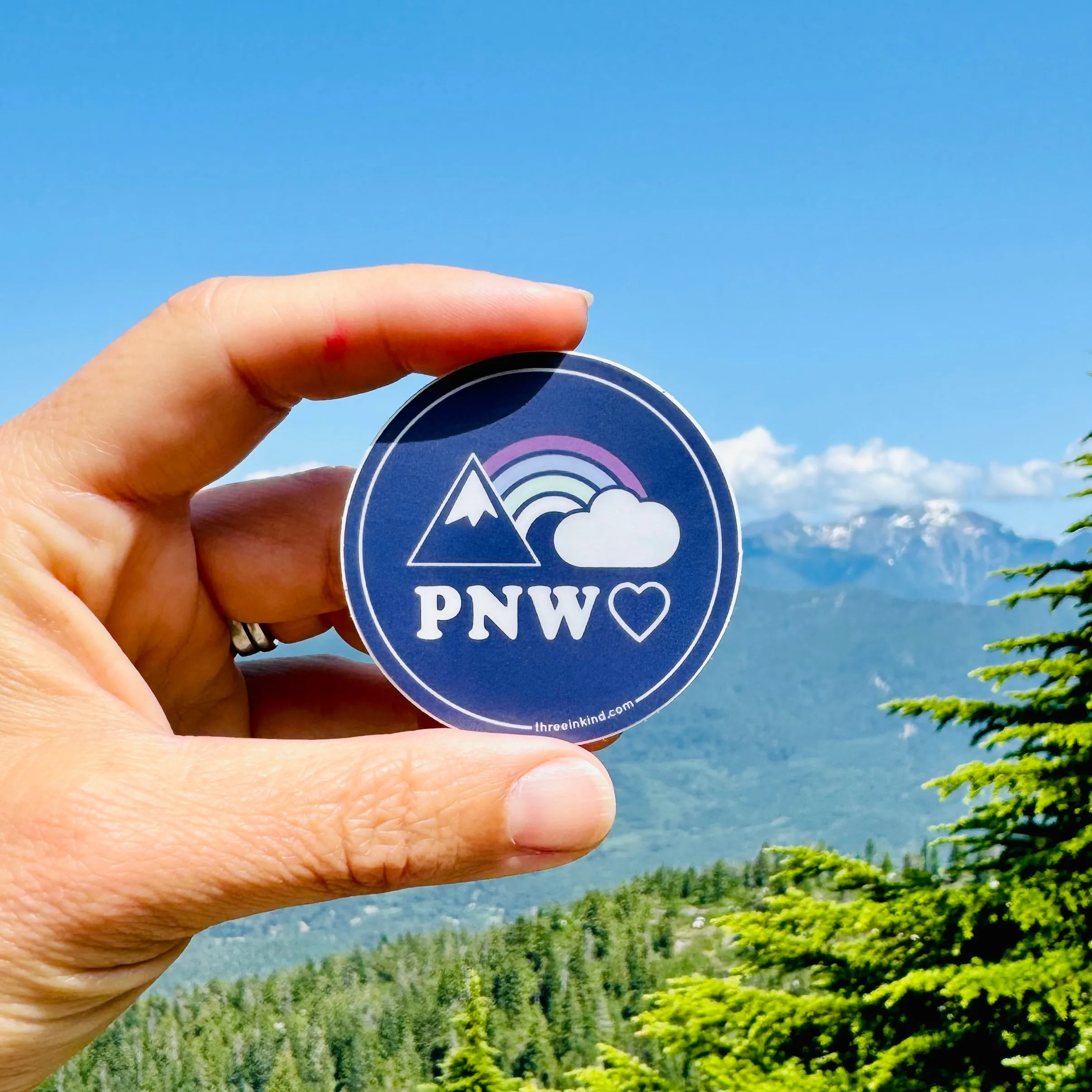 PNW Heart Rainbows   Mountains 2” Circle Sticker / Decal