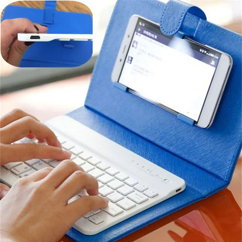 Portable PU Leather Wireless Keyboard Case for iPhone with Bluetooth Keyboard for 4.2-6.8 Inch Phones  Dark blue_Bluetooth keyboard   leather case