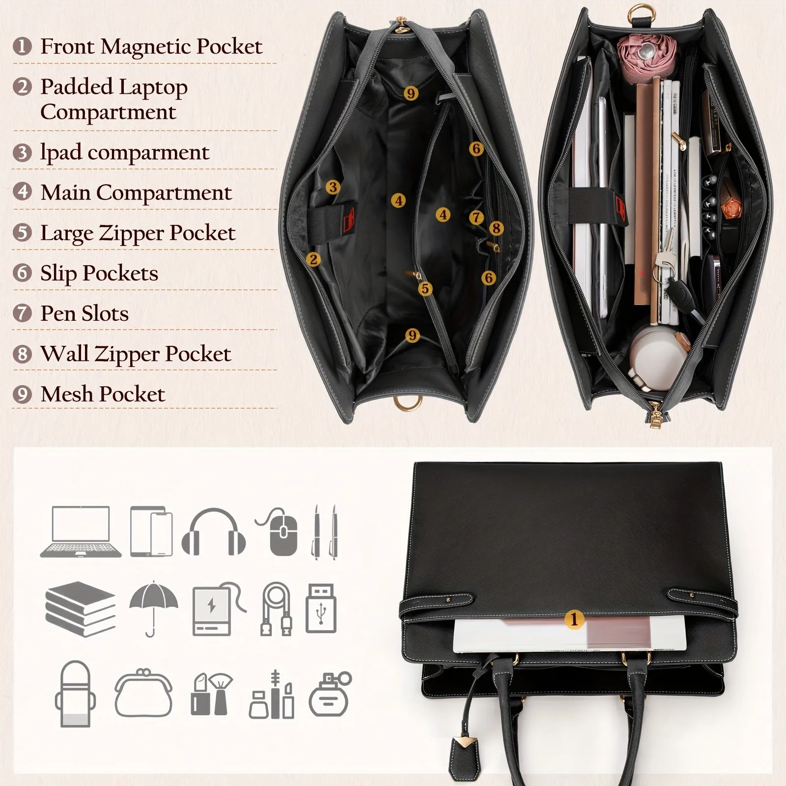 PU Leather Business Tote Bag Waterproof Laptop Storage Briefcase Shoulder Bag