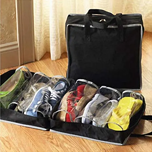 Quaanti 6 Slots Portable Shoes Travel Storage Bag Zipper Dustproof Shoes Organizer Tote Pouch Outdoor Slippers Carrier Holder (Black)