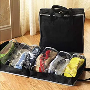 Quaanti 6 Slots Portable Shoes Travel Storage Bag Zipper Dustproof Shoes Organizer Tote Pouch Outdoor Slippers Carrier Holder (Black)