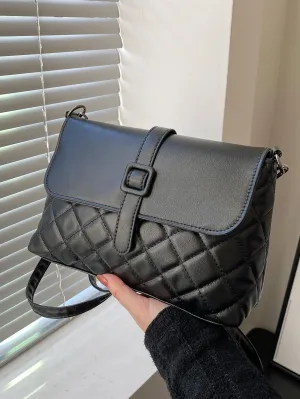 Quilted Buckle Decor Crossbody Bag - Black
