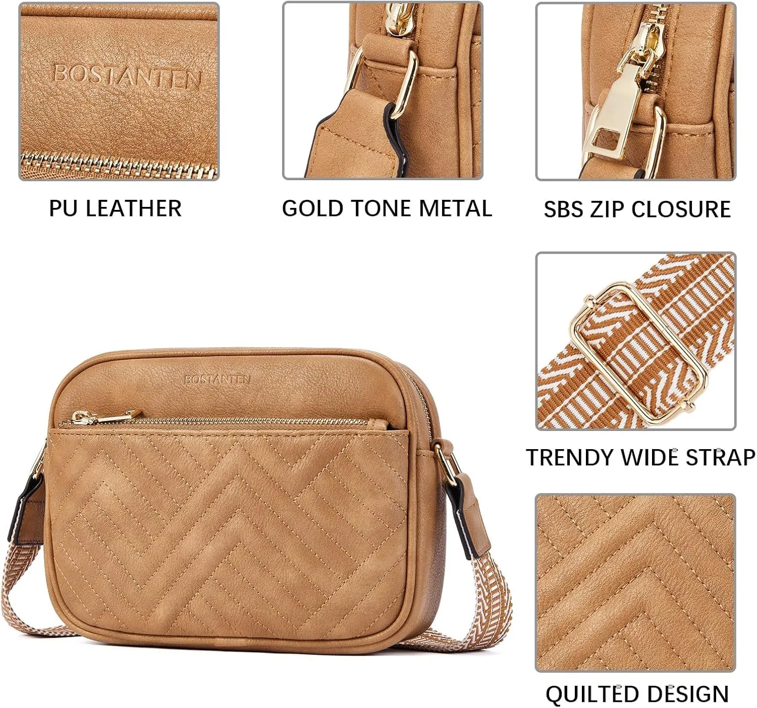 Quilted Crossbody Bags for Women, Vegan Leather Handbags, Small Shoulder with Wide Strap