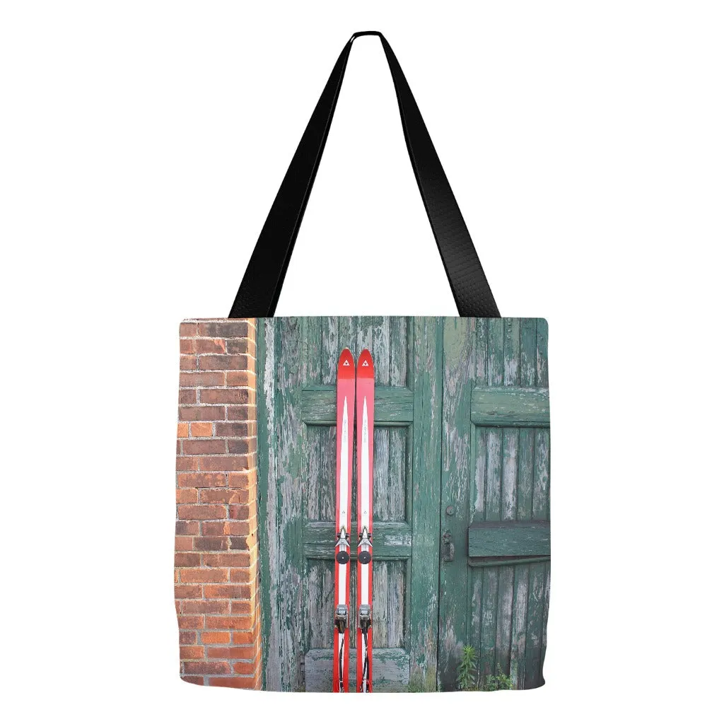Red Skis and Green Door - Tote Bag