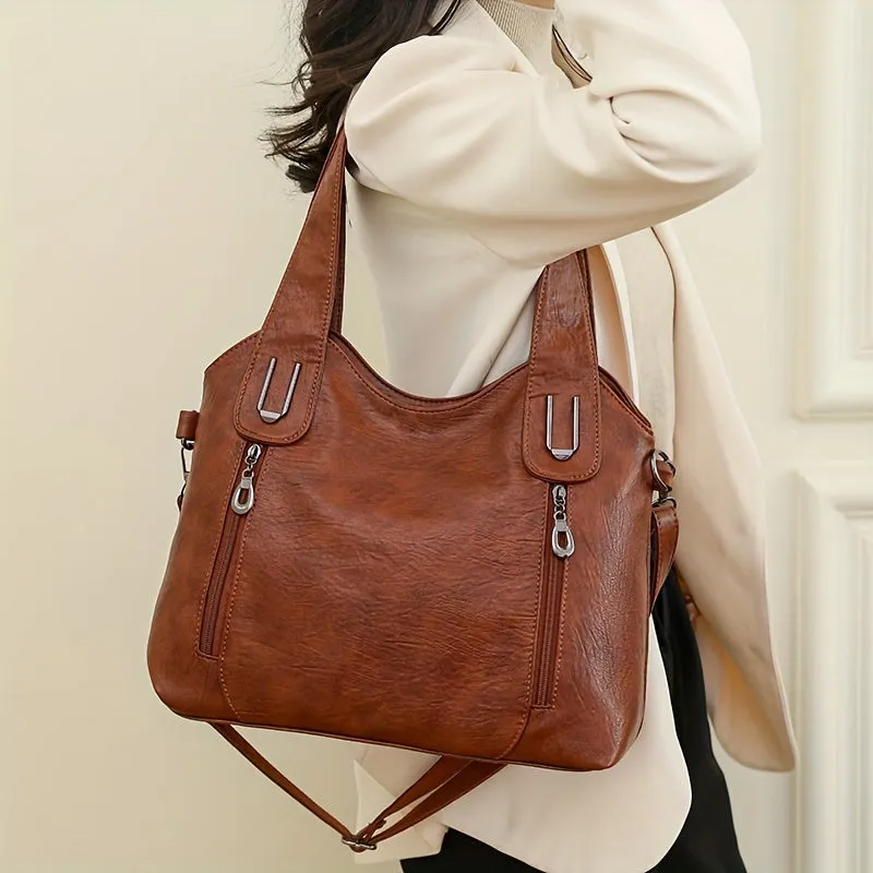 Retro PU Leather Shoulder Bag Zipper Front Crossbody Bag For Women
