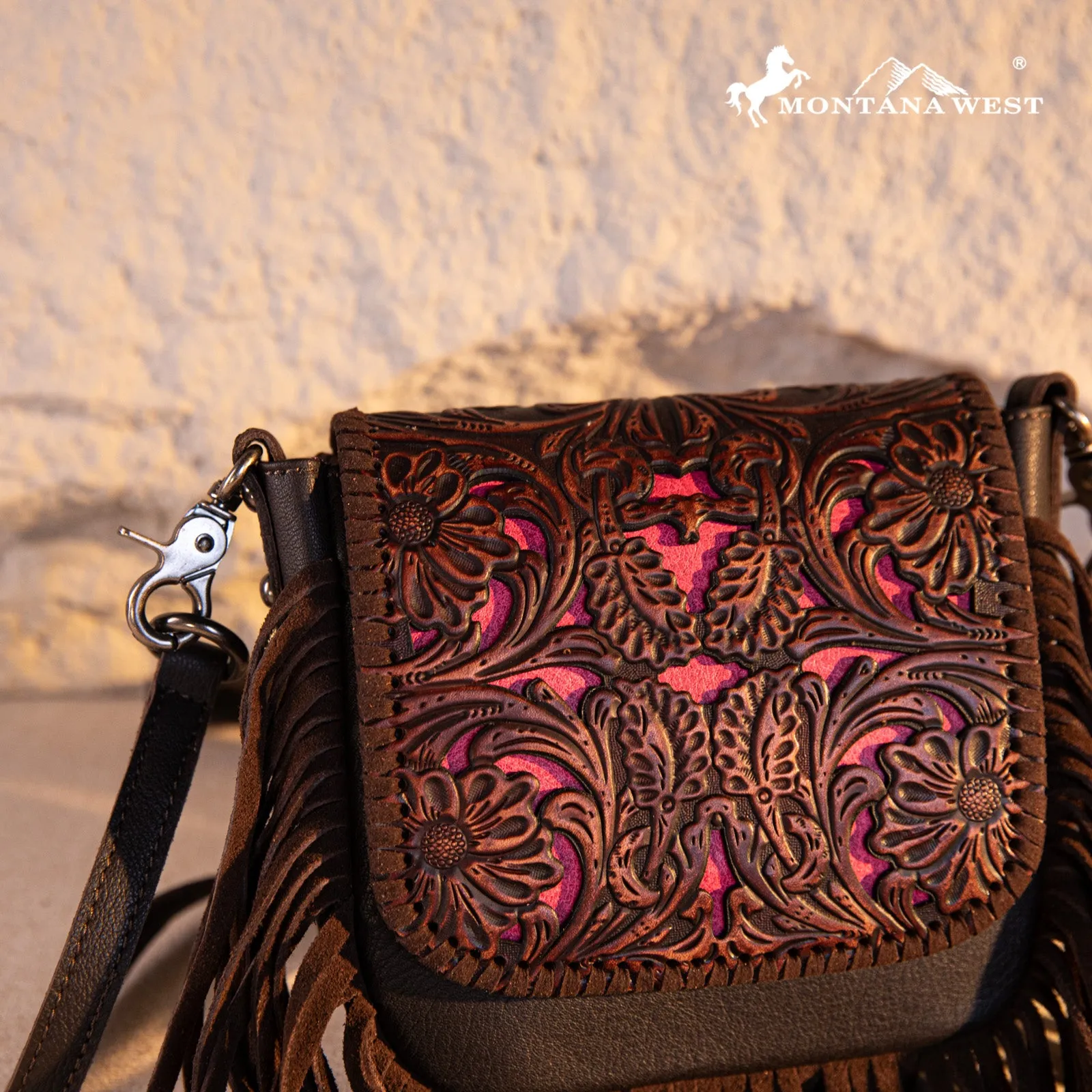 RLC-L188 Montana West Genuine Leather Tooled Fringe Crossbody