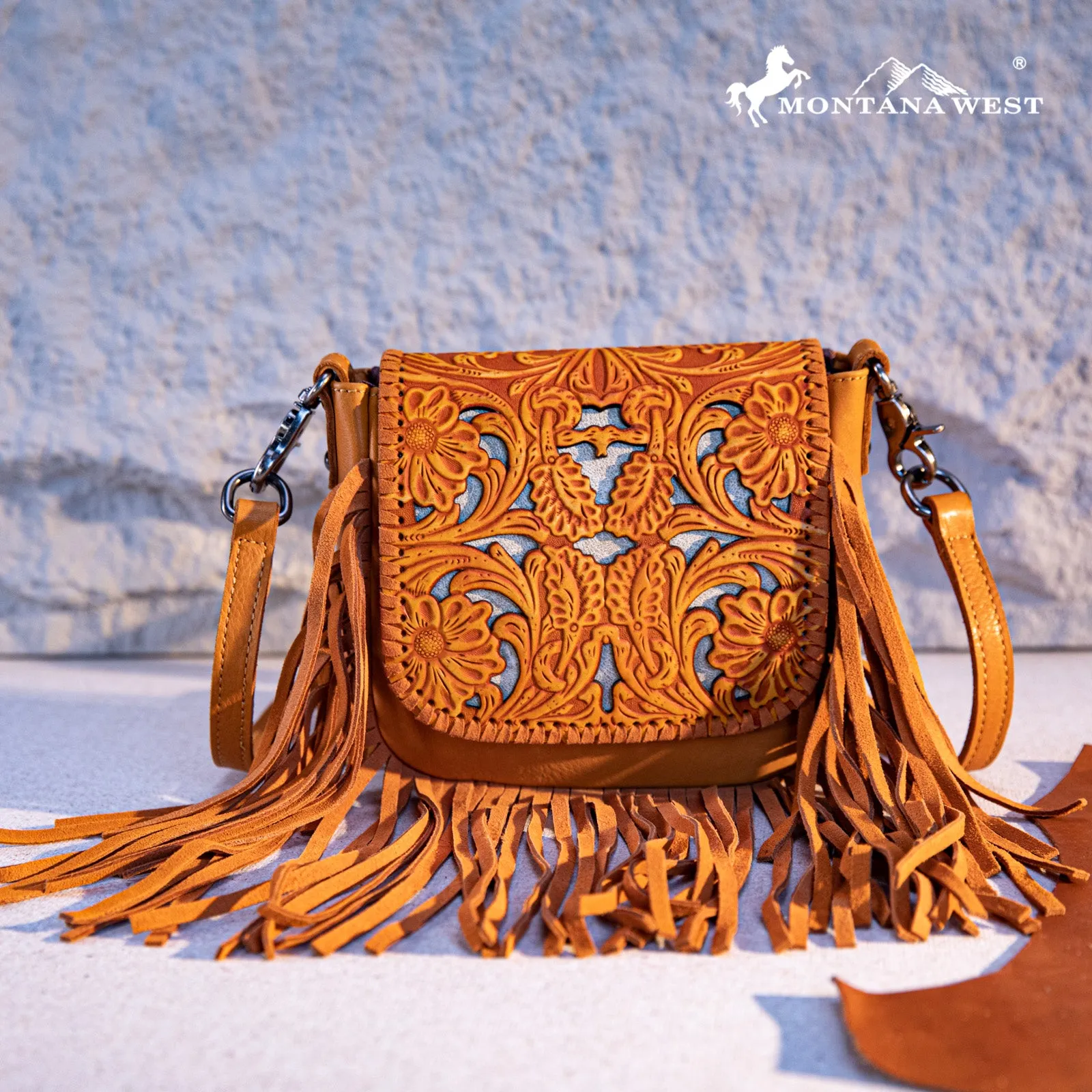 RLC-L188 Montana West Genuine Leather Tooled Fringe Crossbody