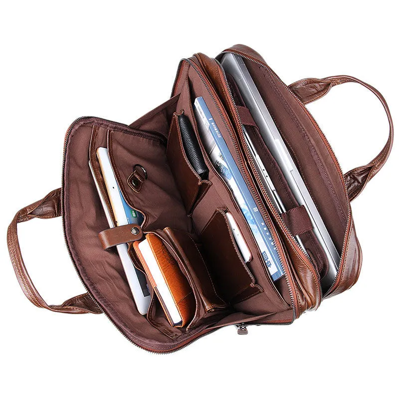 Rockcow Handcrafted Top Grain Leather Briefcase Men's Business Laptop Messenger Bag Classic Shoulder Bags 7005Q
