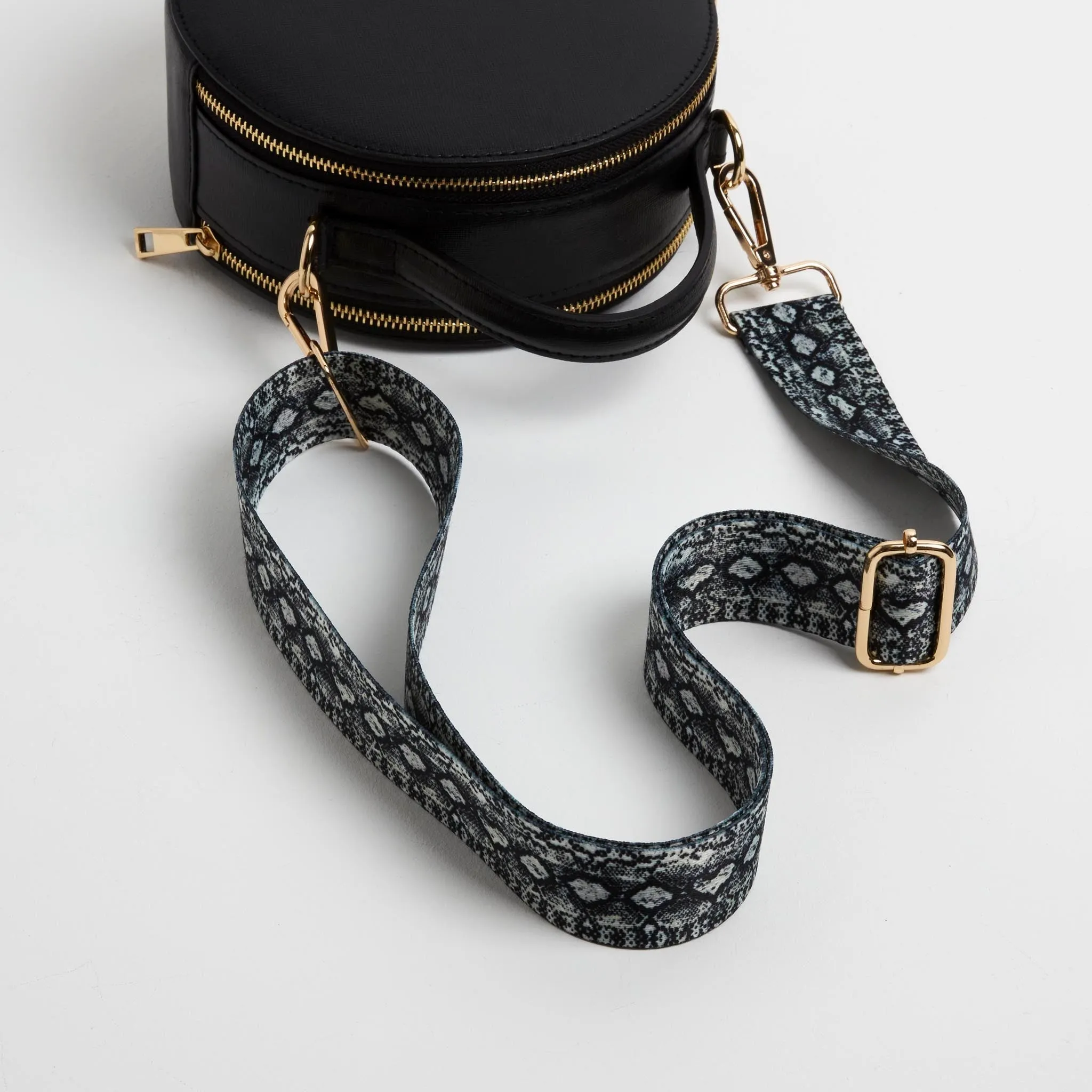 Rome Round Circle Crossbody Bag in Black with Snake Strap