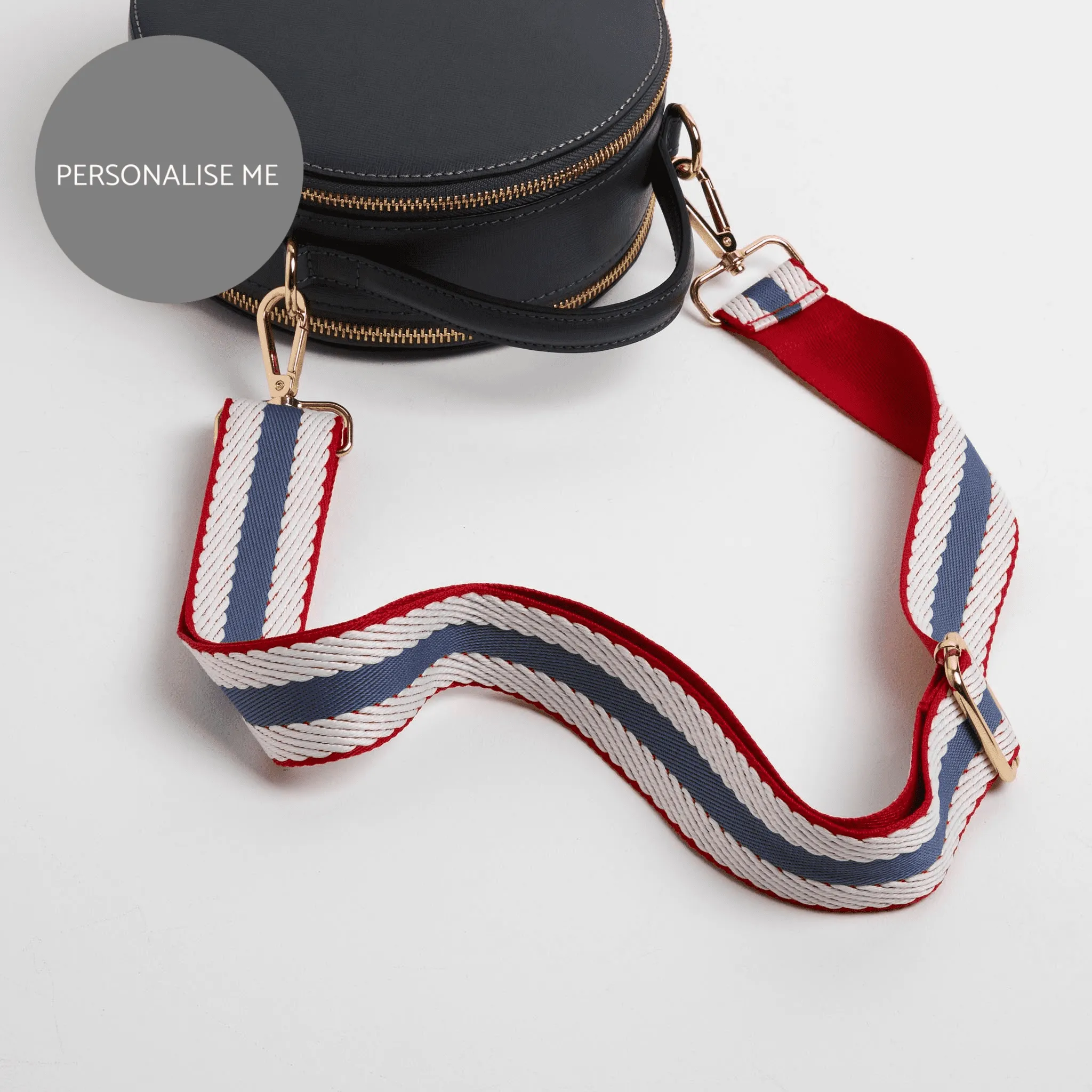 Rome Round Circle Crossbody Bag in Navy Blue with Nautical Stripe Strap