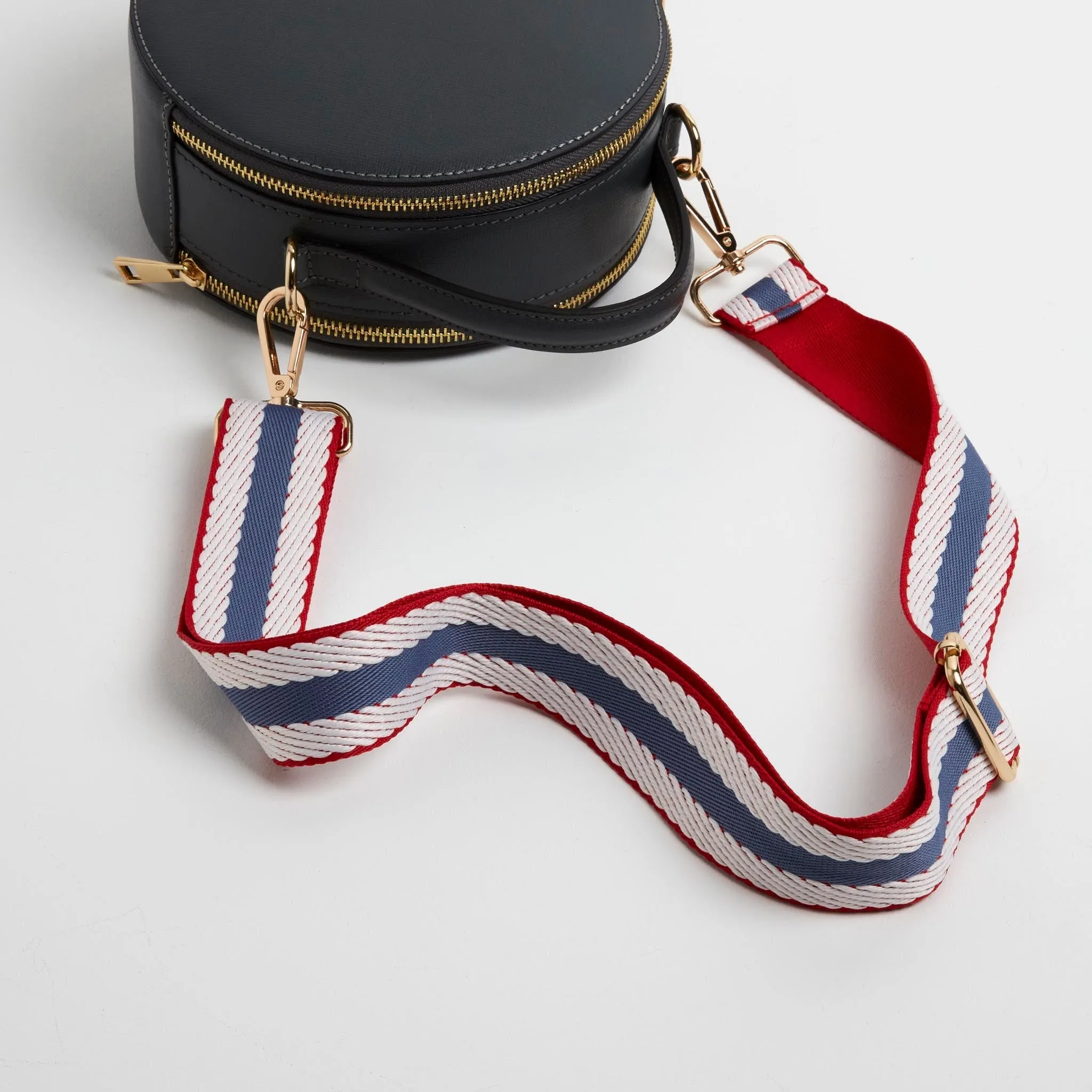 Rome Round Circle Crossbody Bag in Navy Blue with Nautical Stripe Strap