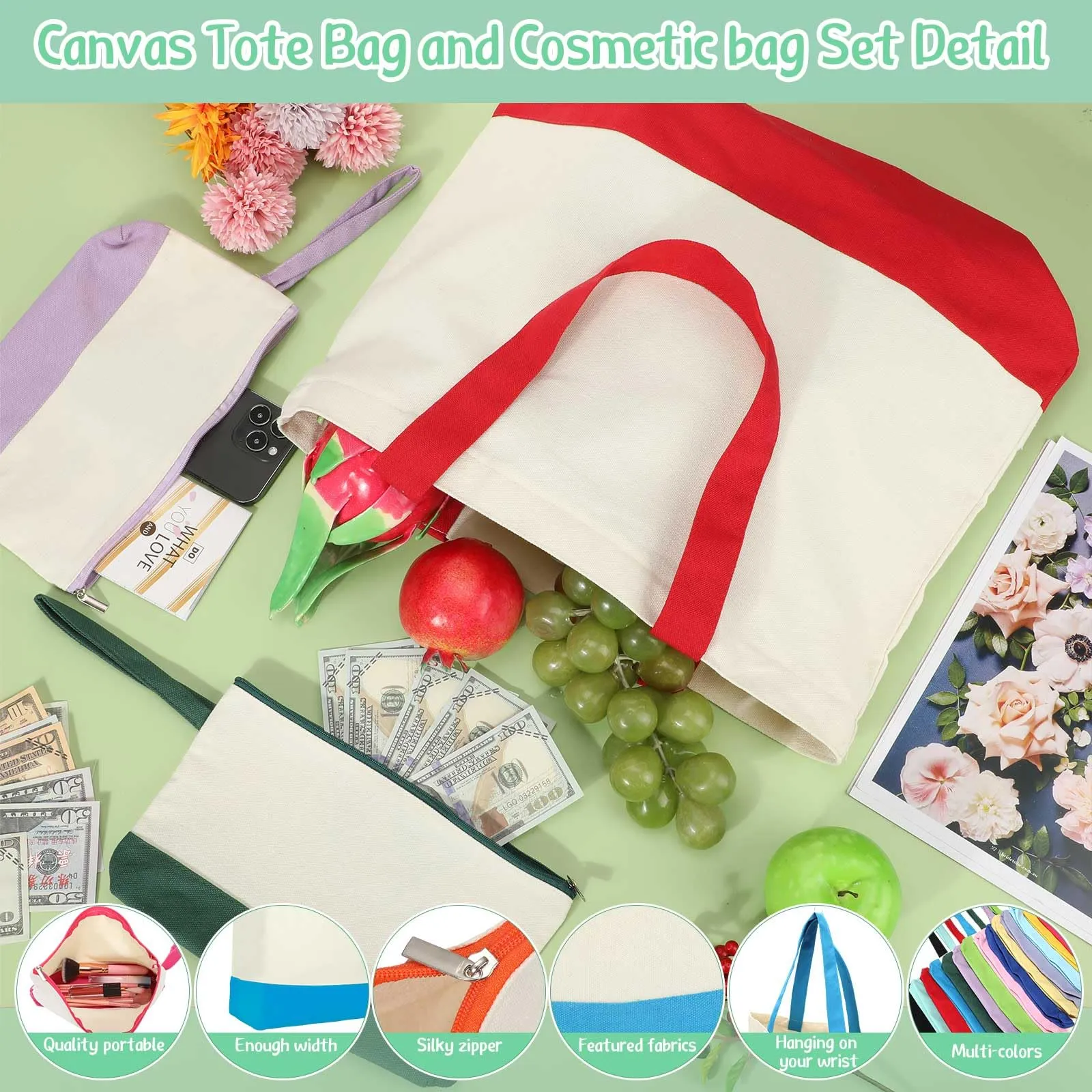 Sanwuta 30 Pcs Canvas Tote Bags Bulk with Zipper Cosmetic Bags 18.5 Cotton Canvas Bag with Handles Reusable Shopping Bags(Colorful)