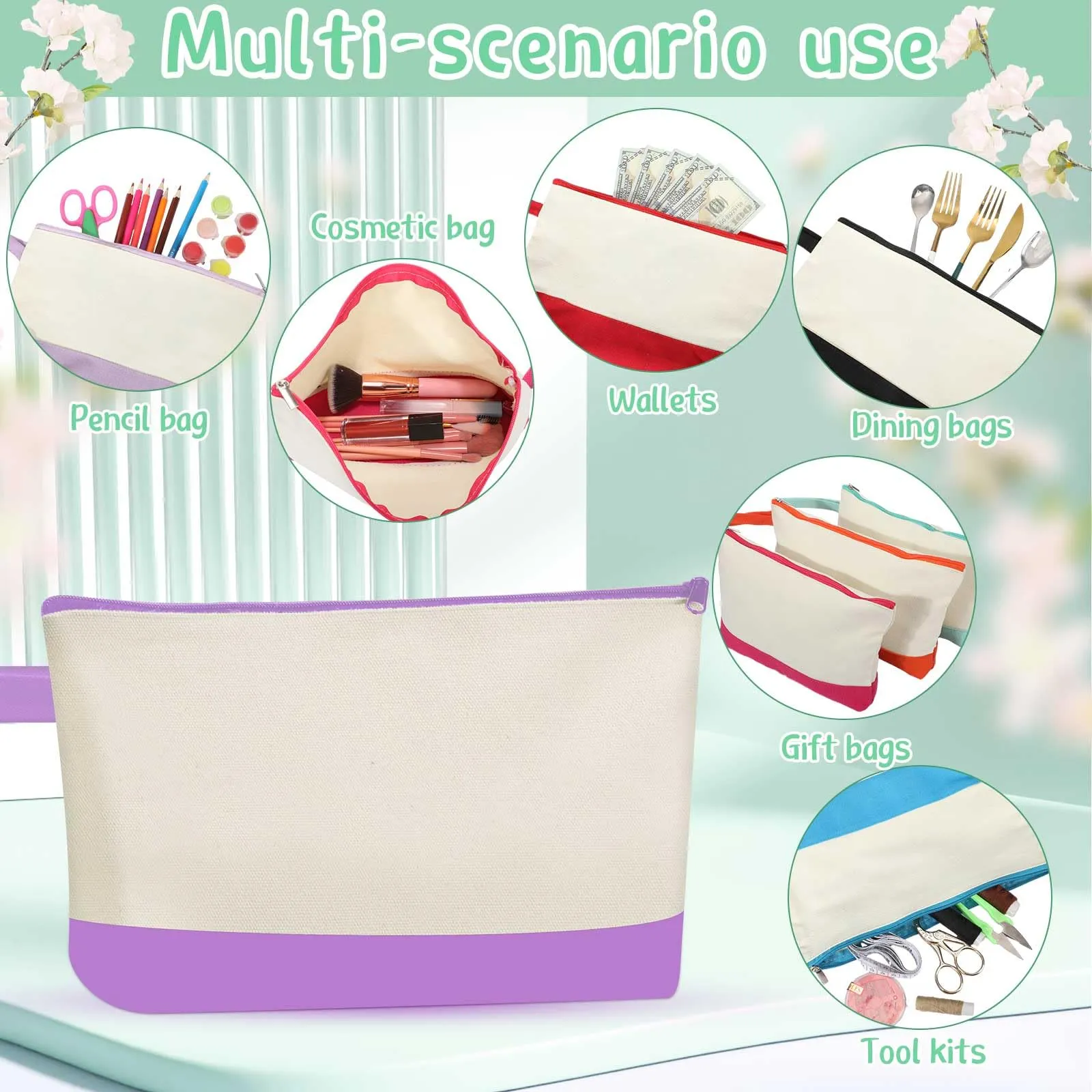 Sanwuta 30 Pcs Canvas Tote Bags Bulk with Zipper Cosmetic Bags 18.5 Cotton Canvas Bag with Handles Reusable Shopping Bags(Colorful)