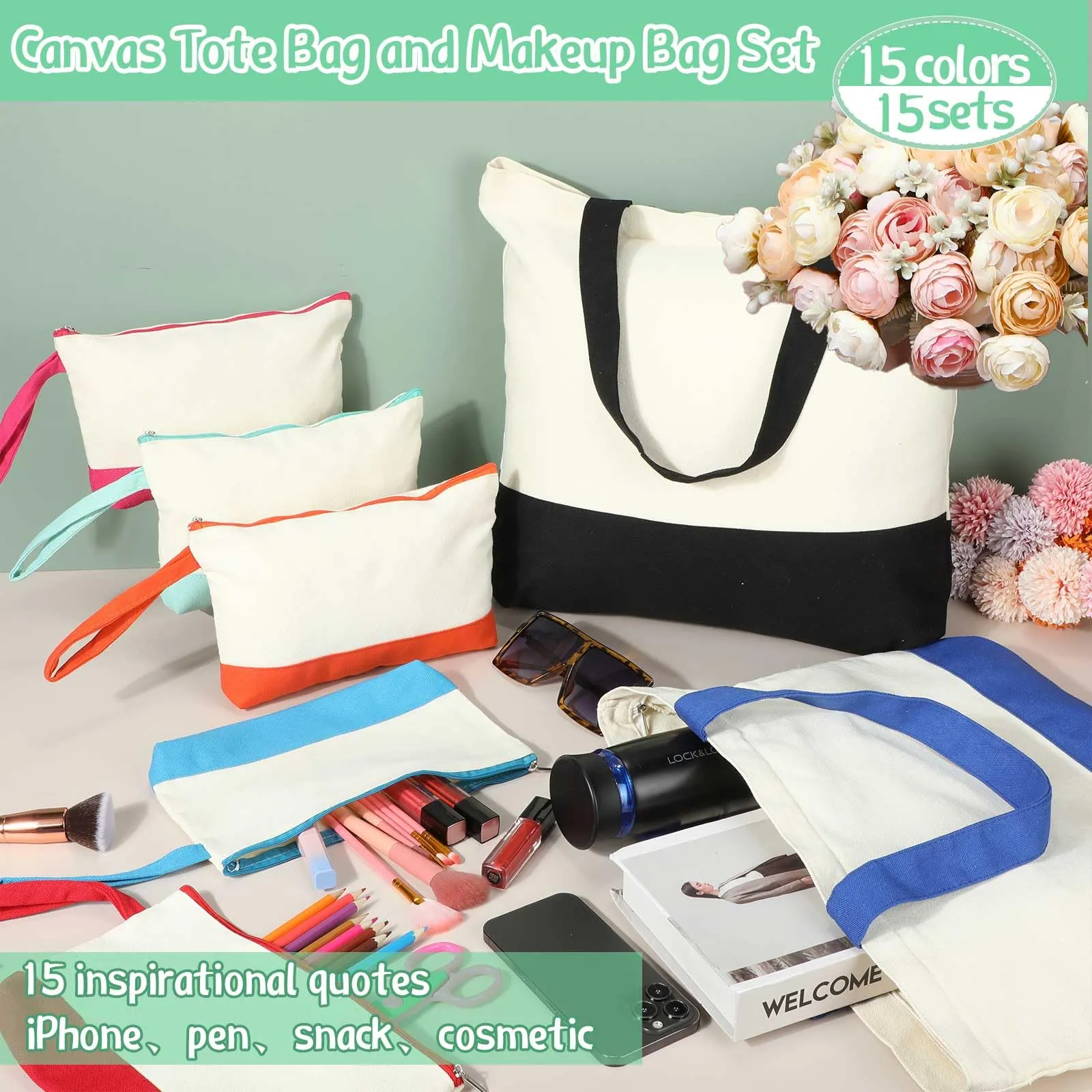 Sanwuta 30 Pcs Canvas Tote Bags Bulk with Zipper Cosmetic Bags 18.5 Cotton Canvas Bag with Handles Reusable Shopping Bags(Colorful)
